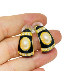 JOAN RIVERS vintage gold plated enamel crystals pearls designer pierced earrings