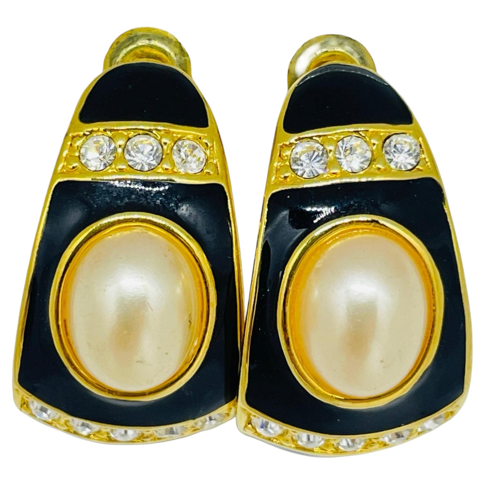 JOAN RIVERS vintage gold plated enamel crystals pearls designer pierced earrings