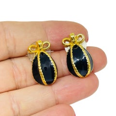 JOAN RIVERS vintage gold plated faberge egg bow enamel designer pierced earrings