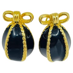 JOAN RIVERS vintage gold plated faberge egg bow enamel designer pierced earrings