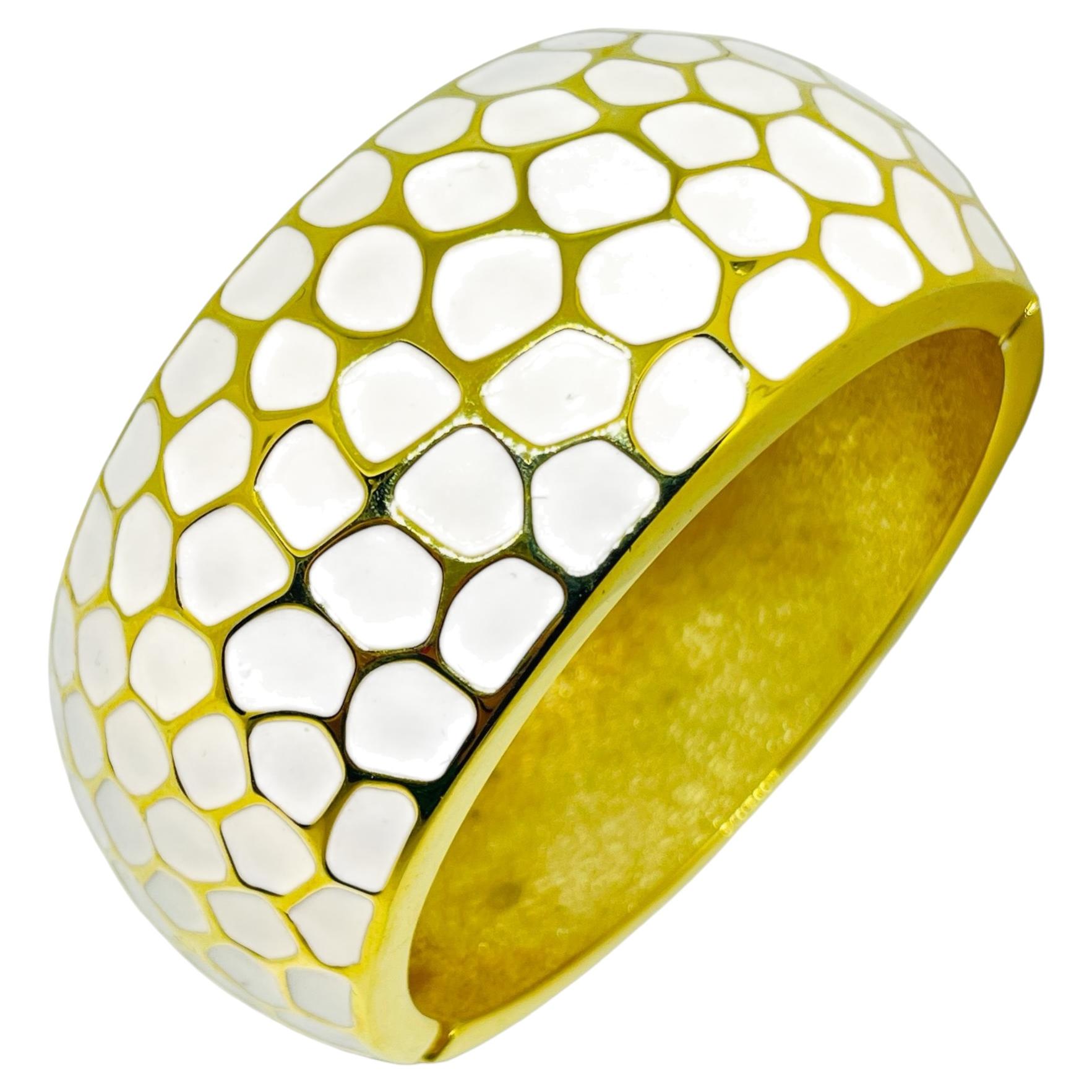 JOAN RIVERS vintage gold plated white enamel designer massive clamper bracelet For Sale