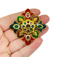JOAN RIVERS vintage Maltese cross gold tone jewel glass enamel designer brooch