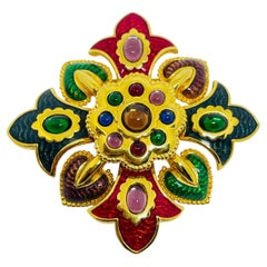 JOAN RIVERS vintage Maltese cross gold tone jewel glass enamel designer brooch