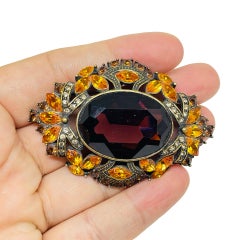 JOAN RIVERS vintage signed gold tone amethyst citrine glass designer brooch