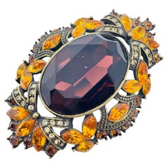 JOAN RIVERS vintage signed gold tone amethyst citrine glass designer brooch