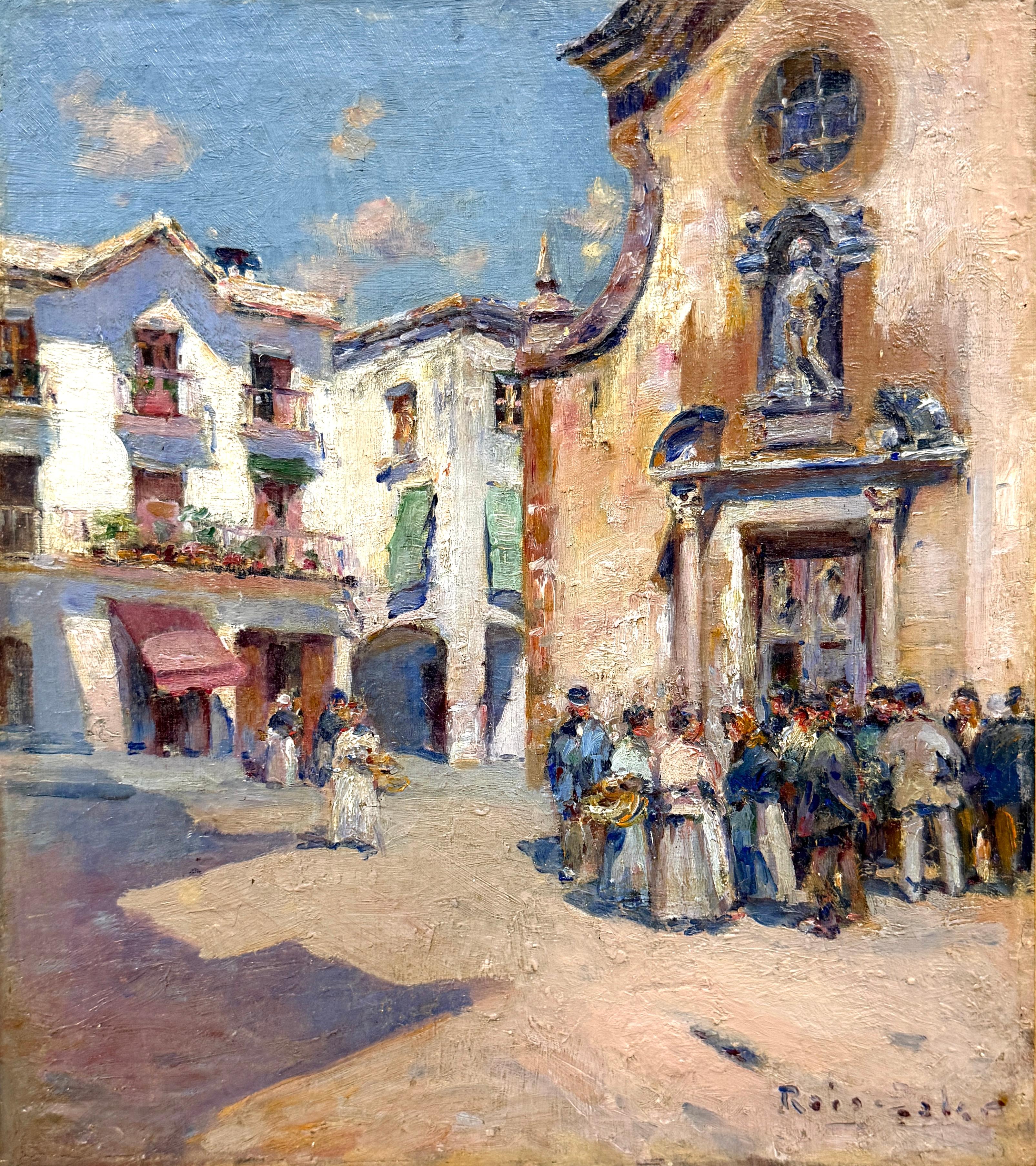 Joan Roig Soler Interior Painting - Mediterranean Church Square with Figures Spanish Impressionist Oil Painting