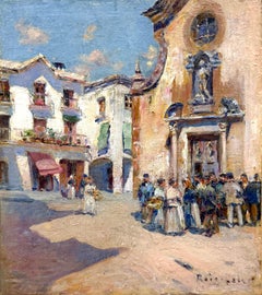Mediterranean Church Square with Figures Spanish Impressionist Oil Painting
