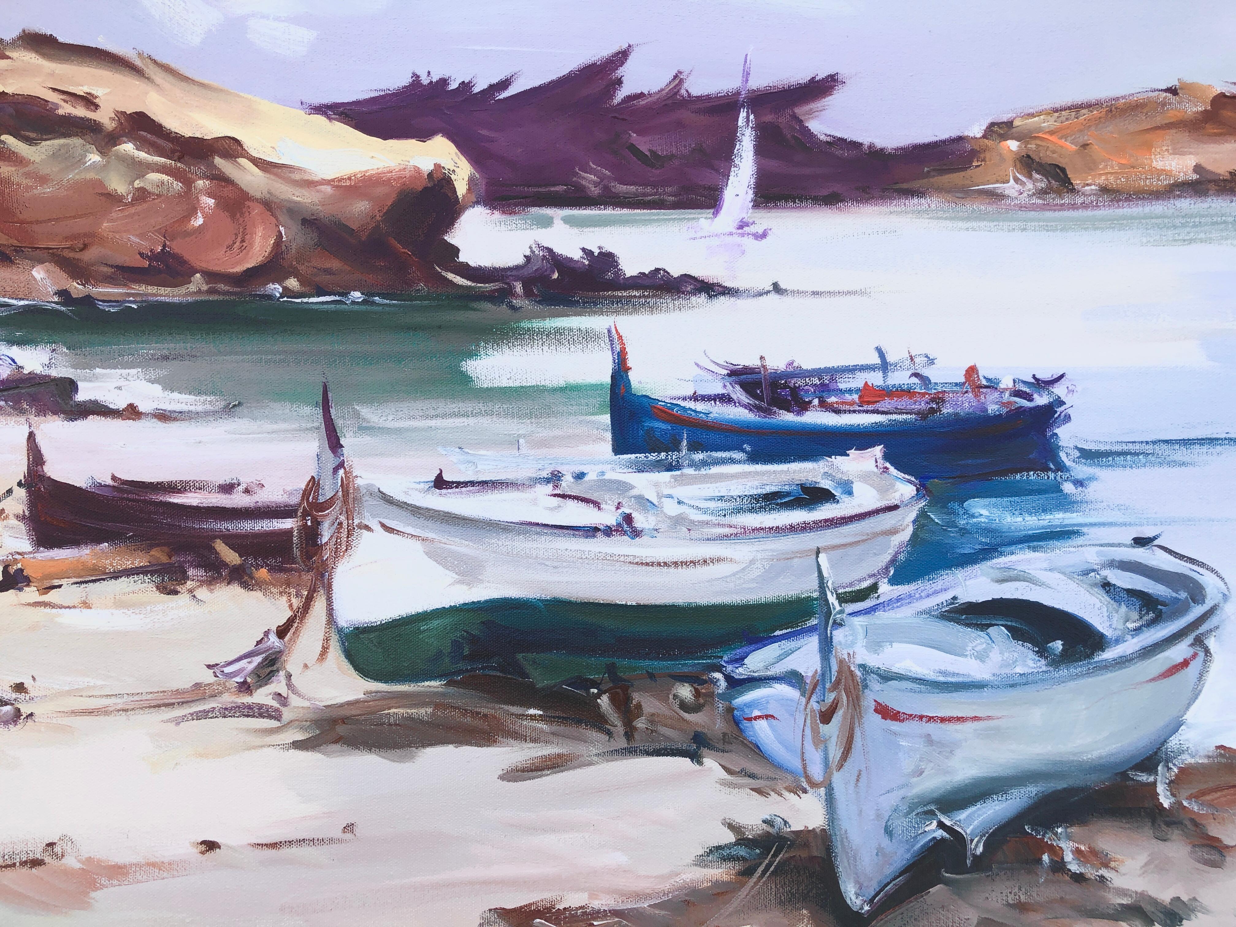 Port Lligat Cadaques Spain seascape oil on canvas painting - Gray Landscape Painting by Joan Sarquella