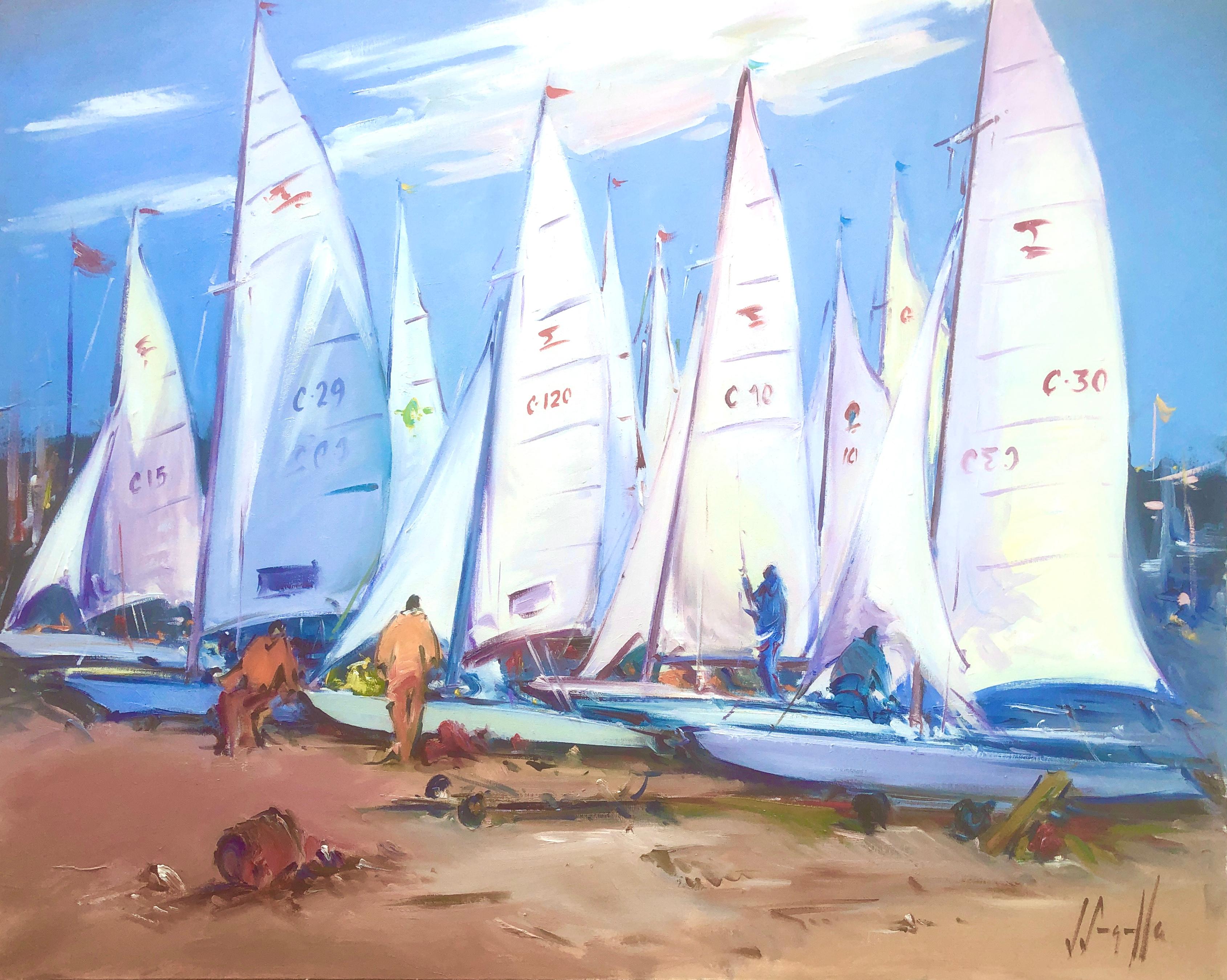 Sailboats on the beach Spain spanish seascape oil on canvas painting