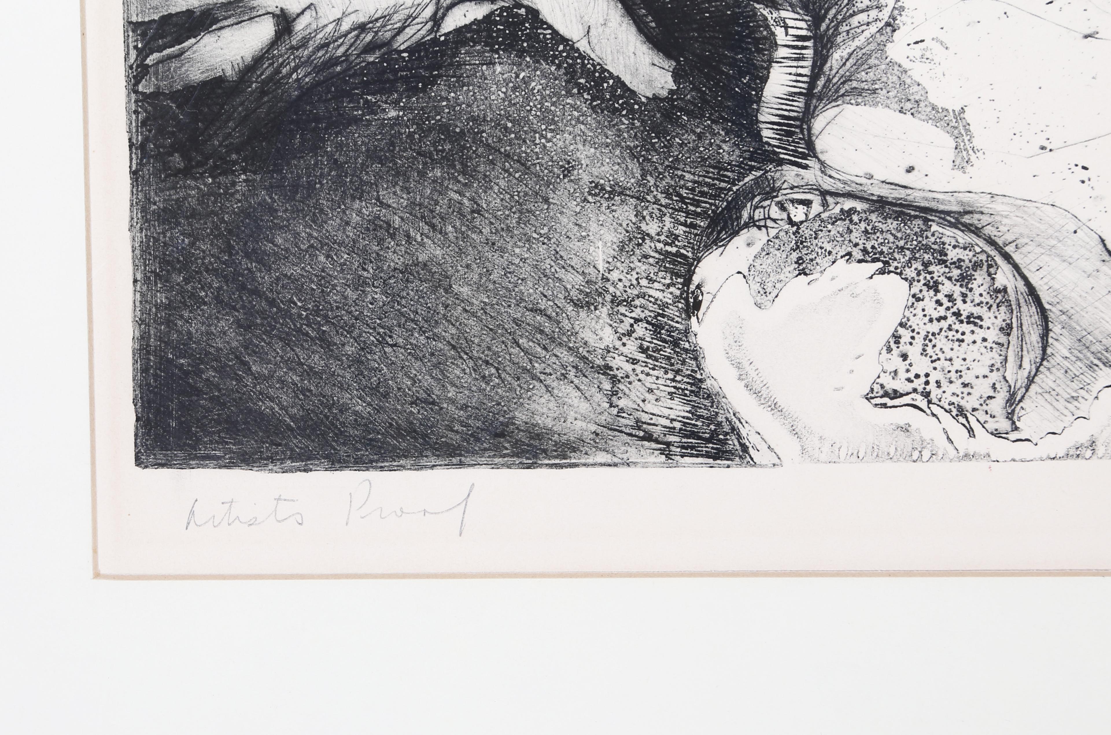 Diese abstrakte Figur der feministischen modernen Künstlerin Joan Semmel ist fast grotesk in ihrer Darstellung eines nackten Körpers, der auf dem Boden kauert. Ihre Hände stützen sich auf dem Boden ab, die Schultern hängen, der Kopf hängt, in der