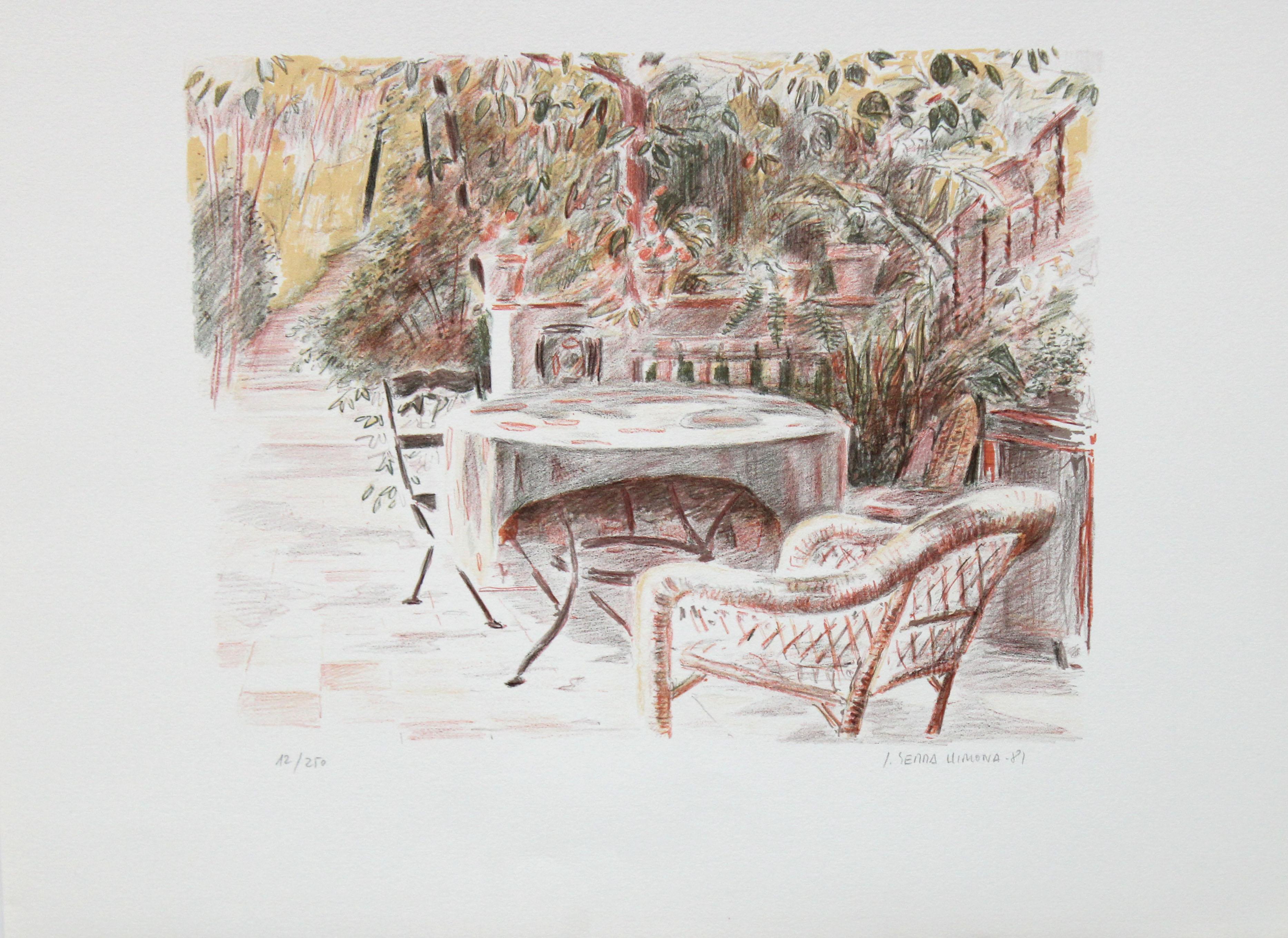Litografia sobre papel - Tarde en la terraza - Tiraje: 12/250 - Print de Joan Serra i Llimona