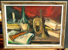 Dipinto a olio su tela raffigurante una natura morta musicale, incorniciato, 1950 circa