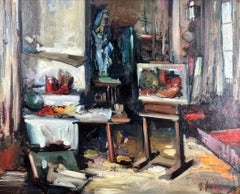Interno dello studio di un artista, olio su tavola di Joan Serra Melgosa