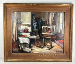 Interno dello studio di un artista, olio su tavola di Joan Serra Melgosa