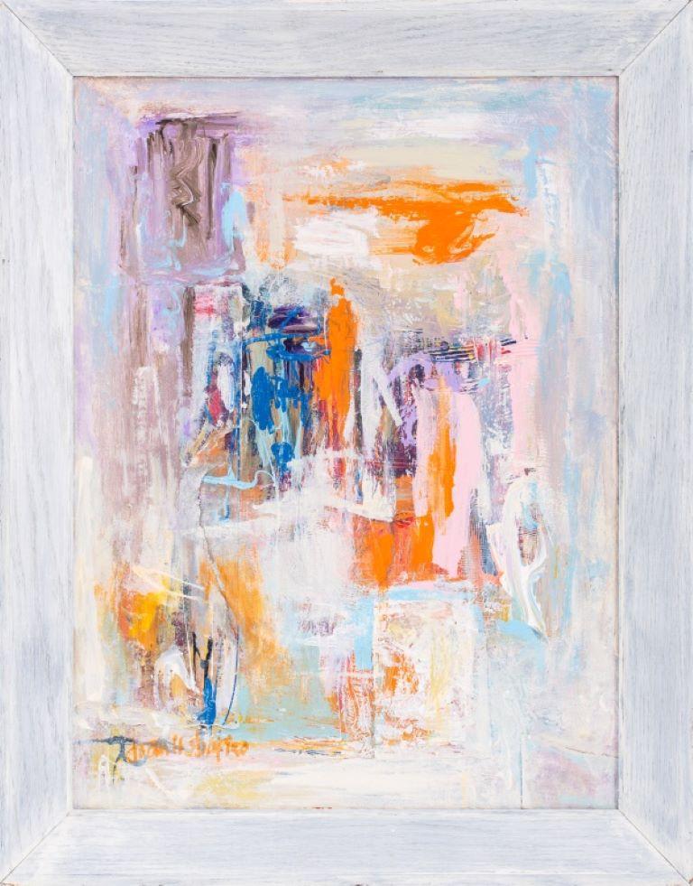 Joan Hyde Shapiro (American, XX-XXI) mixed media painting on panel depicting a polychrome Abstract Expressionist composition, signed lower left, housed in a painted wood frame.
Dimensions:  Image: 23.5