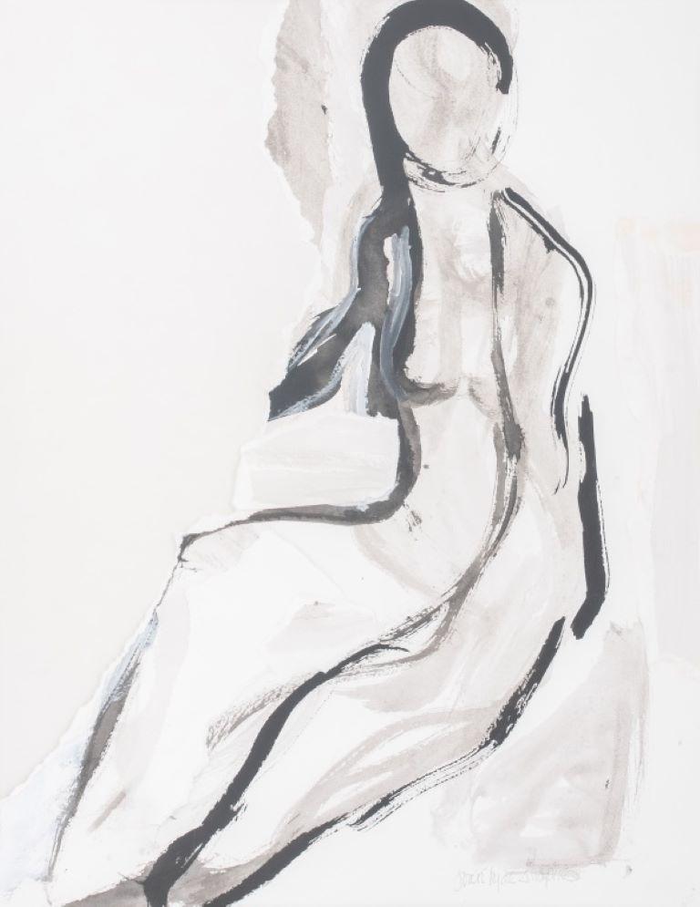 Joan Hyde Shapiro (Amerikanerin, XX-XXI) Aquarell-Gouache-Gemälde auf Papier mit einer sitzenden nackten weiblichen Figur, rechts unten mit Bleistift signiert, unter Glas in einem vergoldeten Holzrahmen untergebracht.

Händler: S138XX