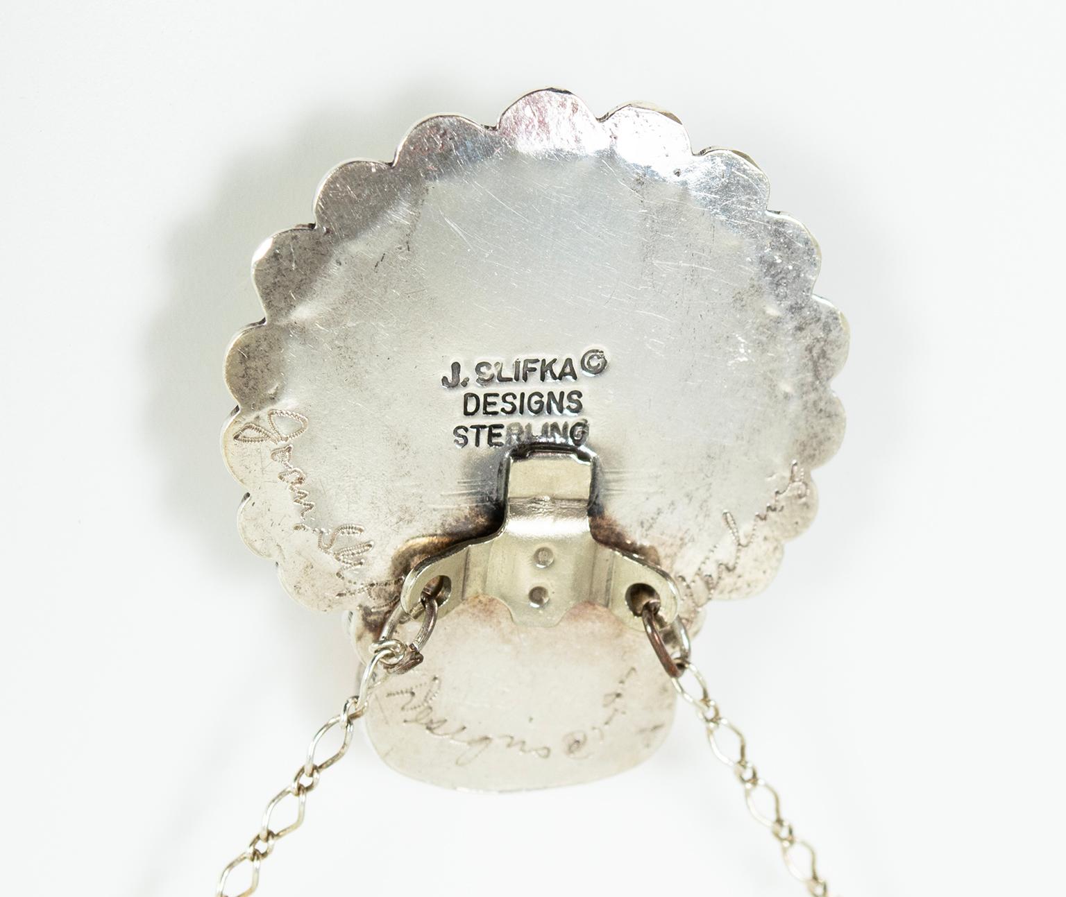 Signed Joan Slifka Navajo Sterling Coral and Bone Pendant Necklace - 16”, 1997 For Sale 2
