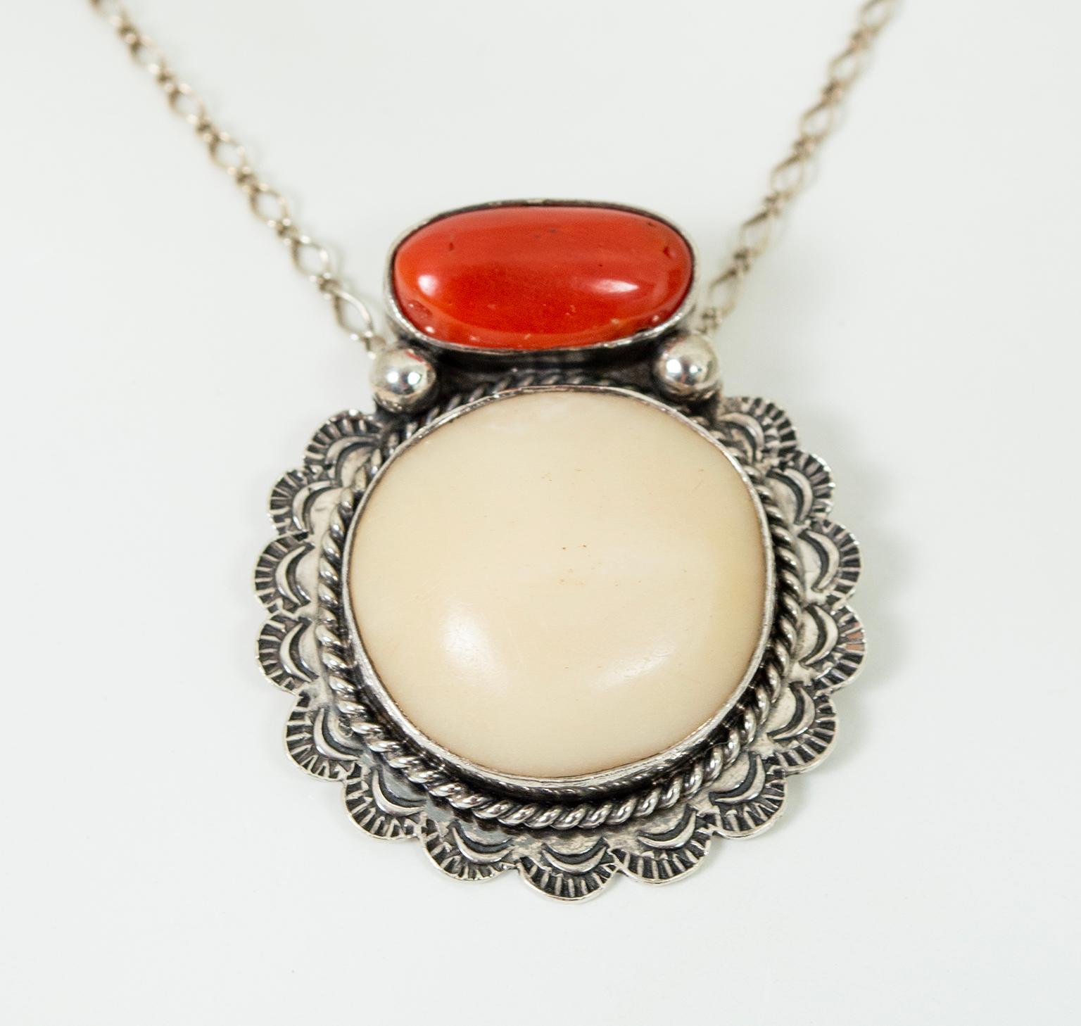 Anglo-Indian Signed Joan Slifka Navajo-Style Sterling Coral, Bone Pendant Necklace -16”, 1997 For Sale