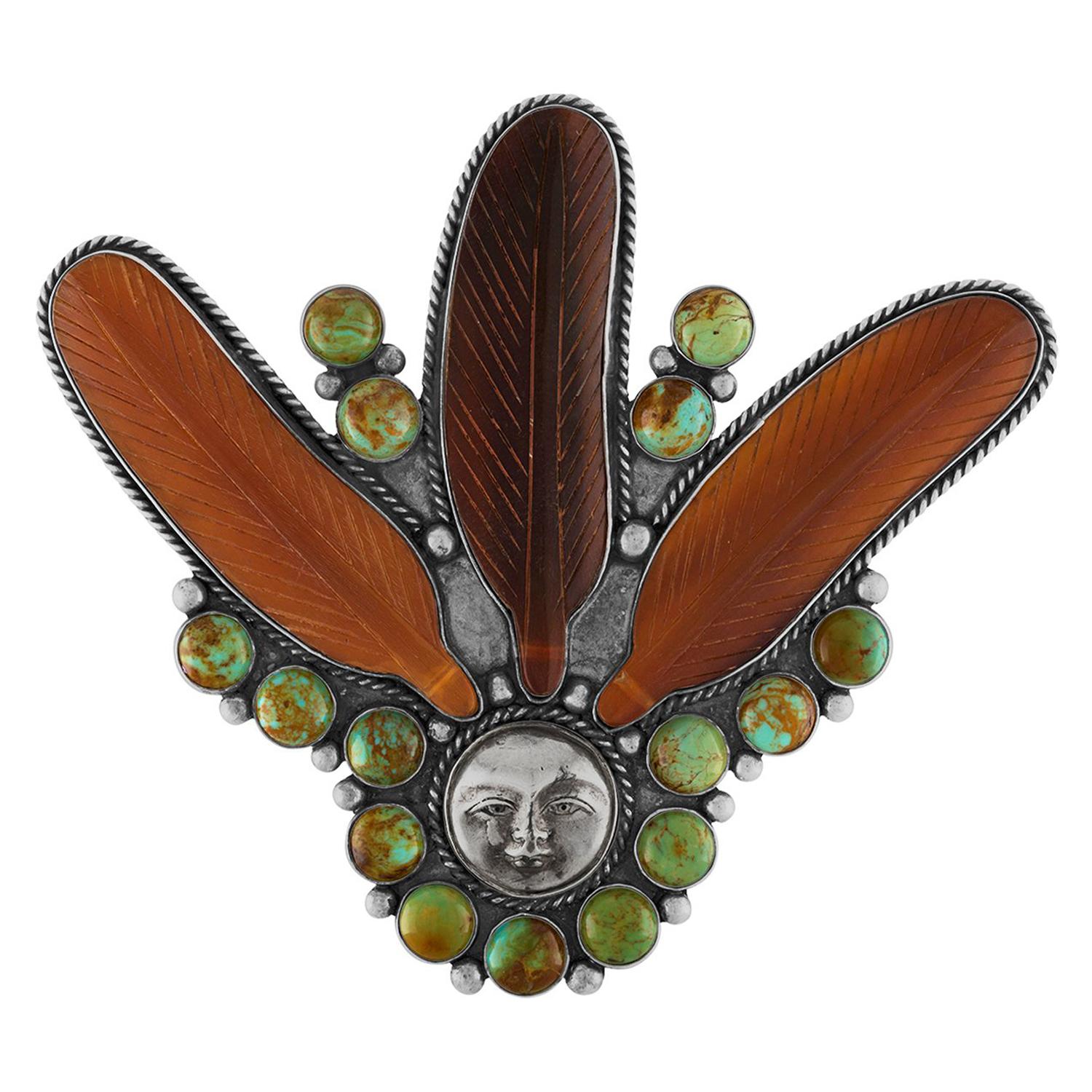 Joan Slifka Épingle à pendentif en argent sterling avec turquoise naturelle et ambre