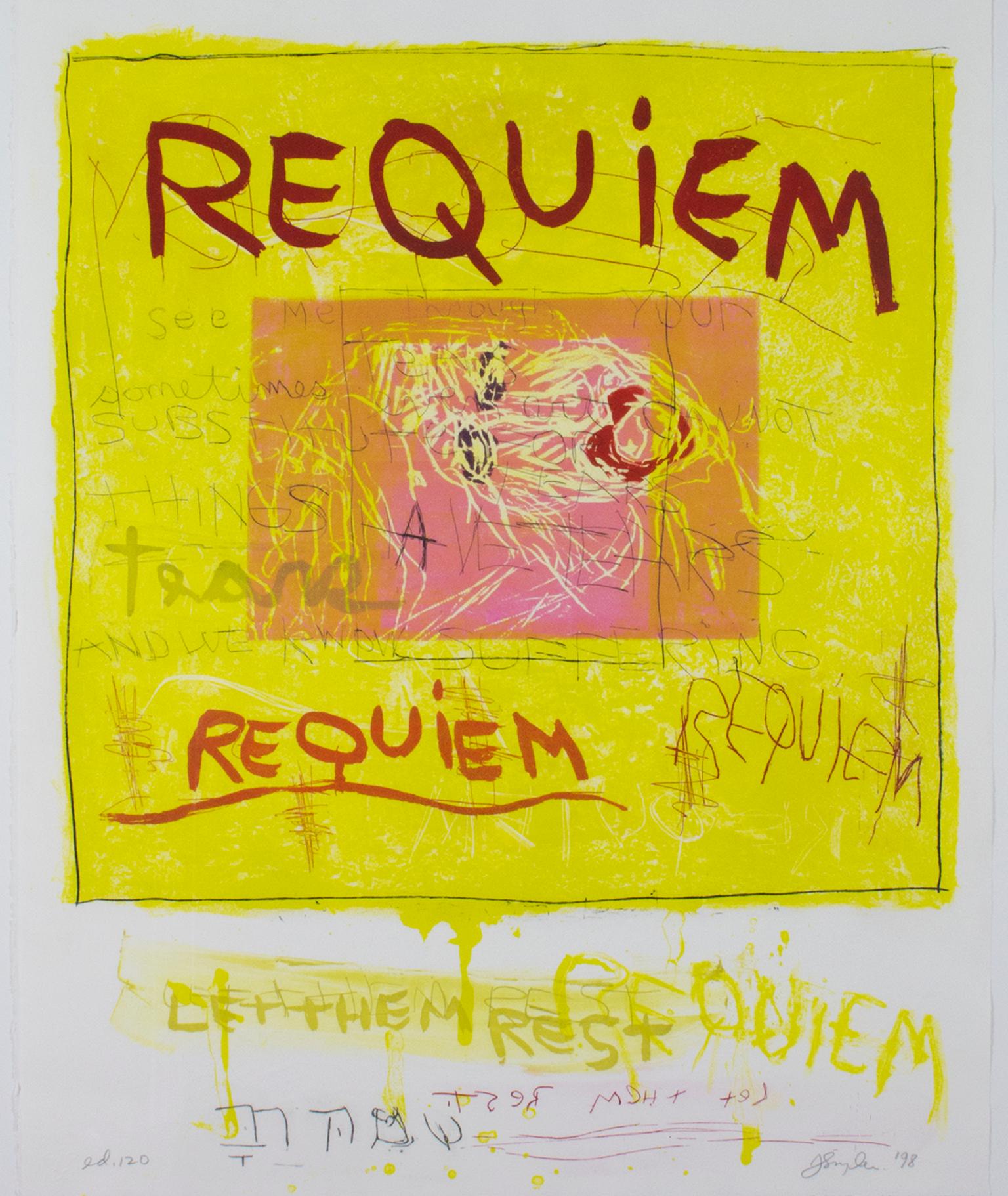"Réquiem" es un aguafuerte y aguatinta original de Joan Snyder. El artista firmó la pieza, y la edición es de 120 ejemplares. Esta pieza presenta un texto abstracto y expresionista y un llamativo retrato de una mujer con los labios pintados de rojo