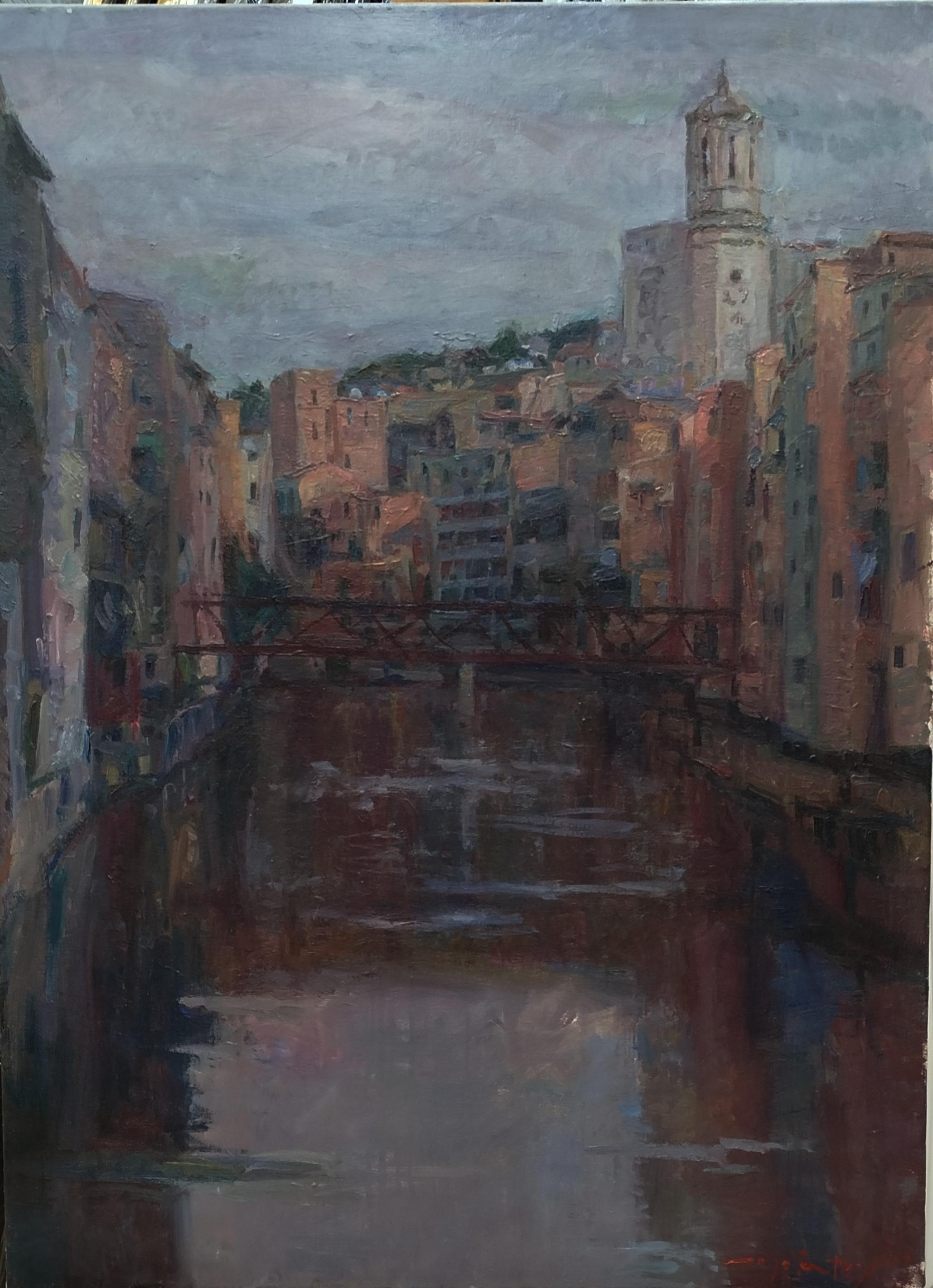 Landscape Painting de Joan SOLA PUIG - Pintura acrílica impresionista de Girona sobre lienzo, enmarcada, década de 2000