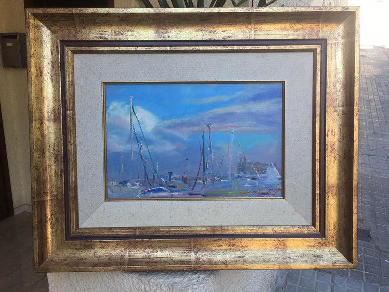 Marine blue port de Mallorca original impressionist oil canvas painting - Painting by Joan SOLA PUIG
