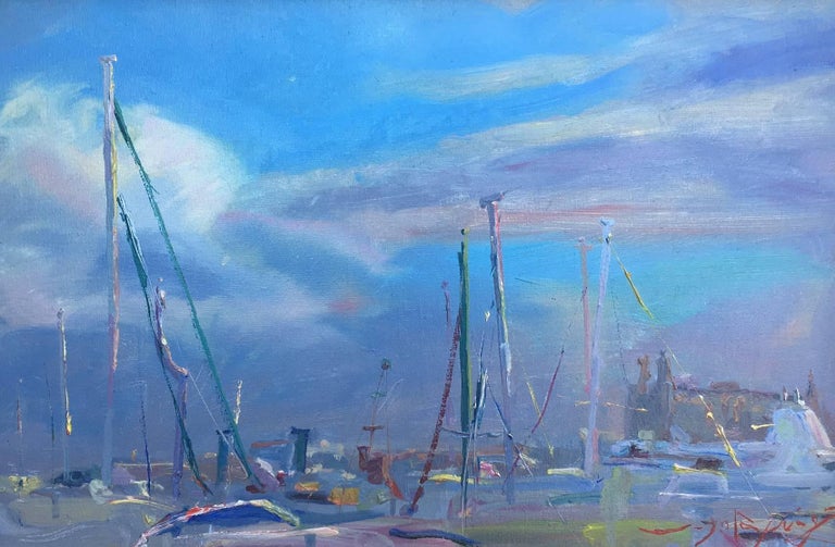 Marine blue port de Mallorca original impressionist oil canvas painting - Impressionist Painting by Joan SOLA PUIG