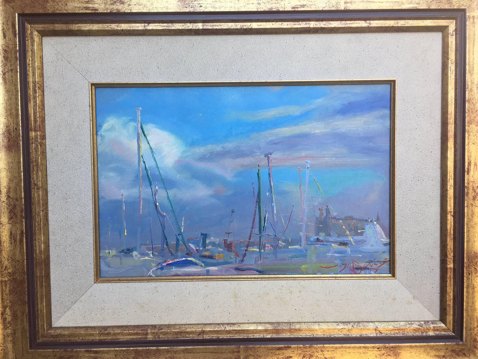 Marine blue port de Mallorca original impressionist oil canvas painting