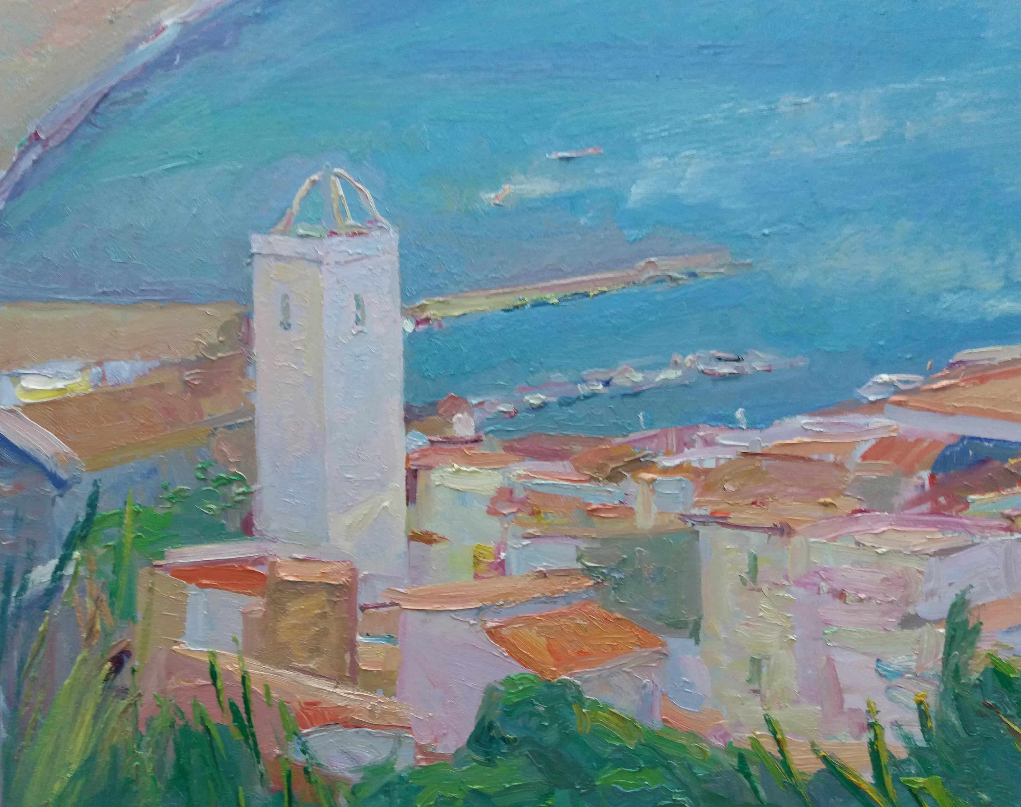 Sola puig 24  Town on the Coast   Bay  Beach original impressionist  - Impressionist Painting by Joan SOLA PUIG