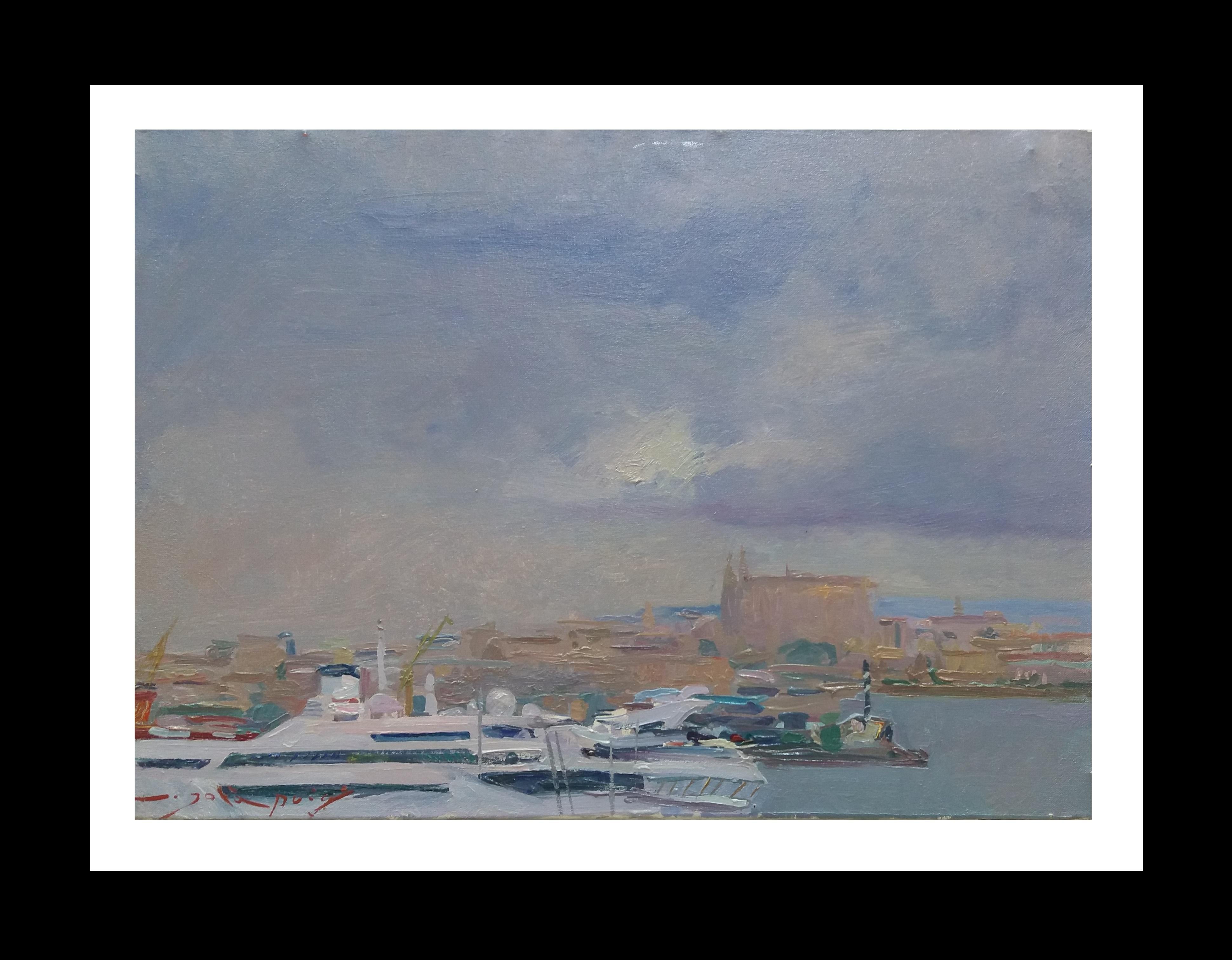 Joan SOLA PUIG Landscape Painting - Sola Puig 14 Majorca Cathedral  Boat  Port of Mallorca original impressionist