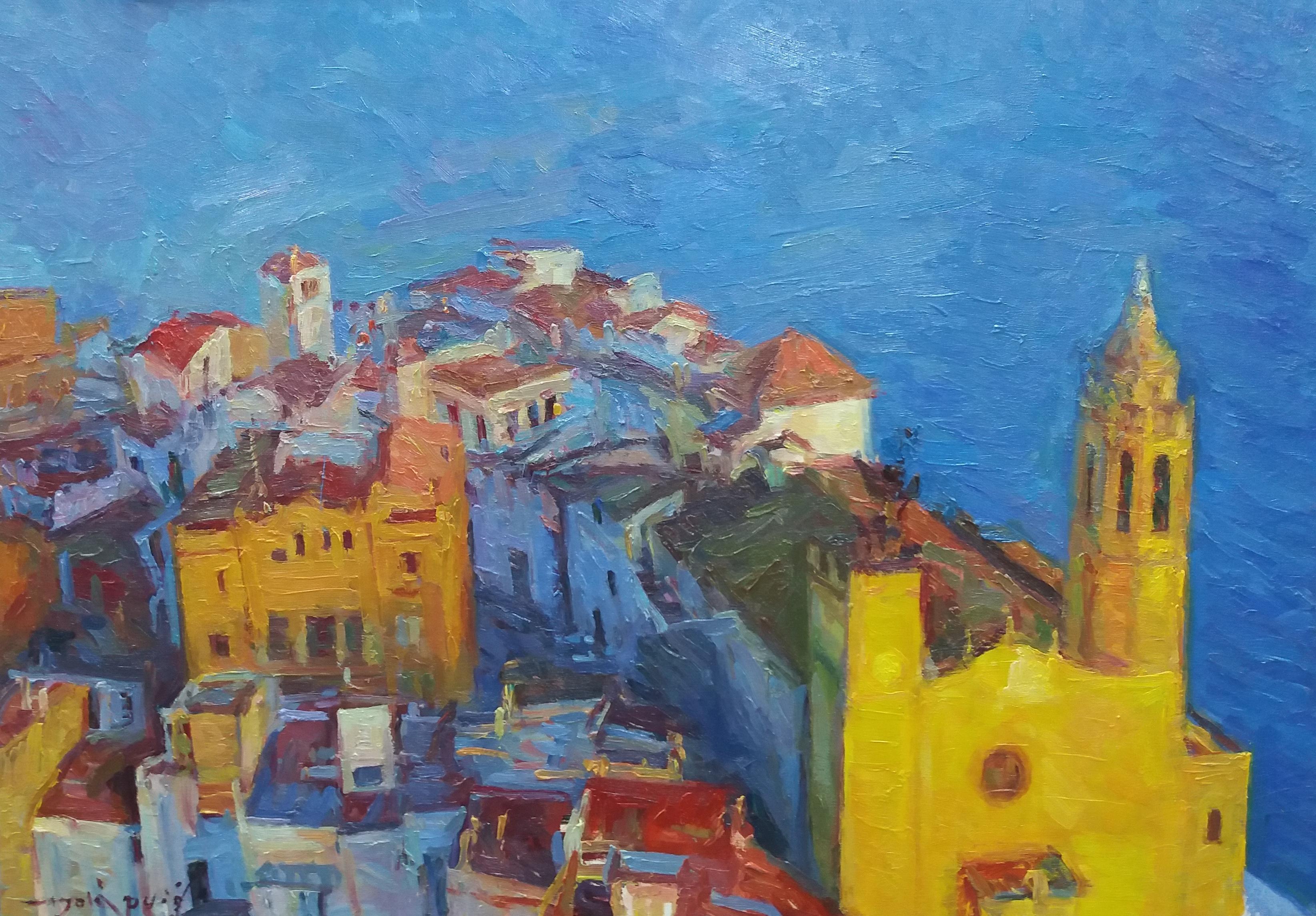 Sola Puig  Sitges  Town  Coast. Sea original impressionist acrylic  - Painting by Joan SOLA PUIG