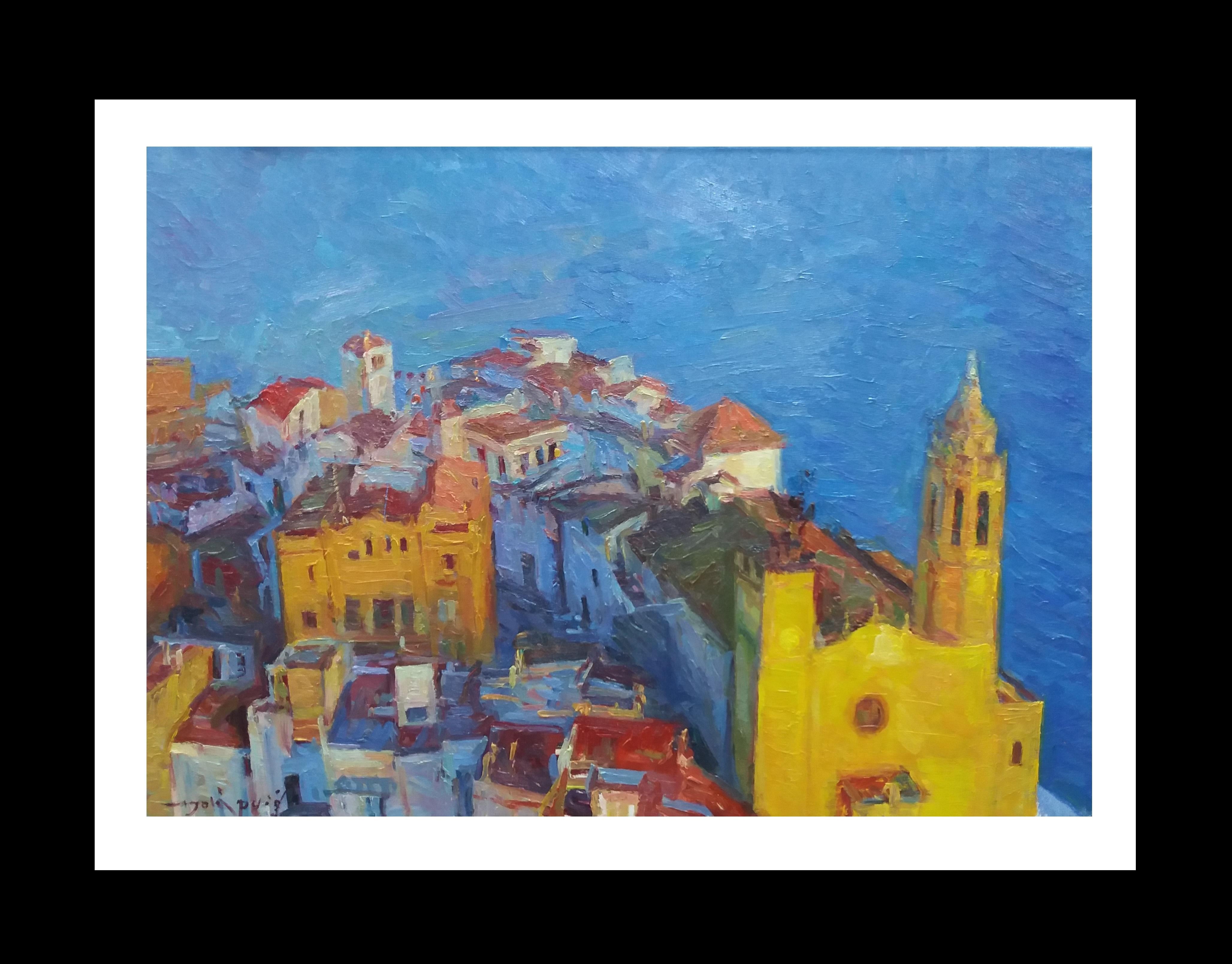 Joan SOLA PUIG Landscape Painting - Sola Puig 6  Sitges  Town  Coast. Sea original impressionist acrylic 