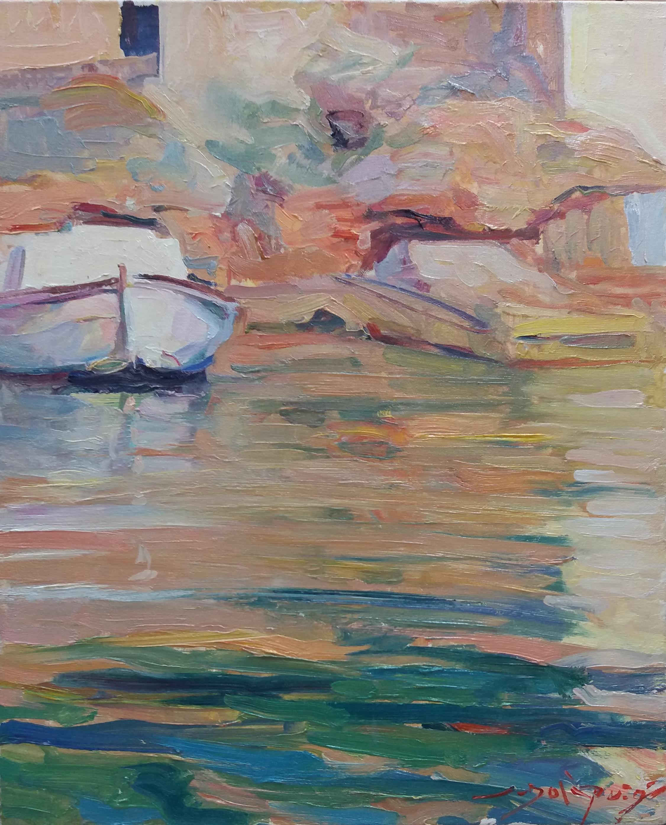 SOLA PUIG  Boats in Mallorca original impressionist acrylic painting - Painting by Joan SOLA PUIG