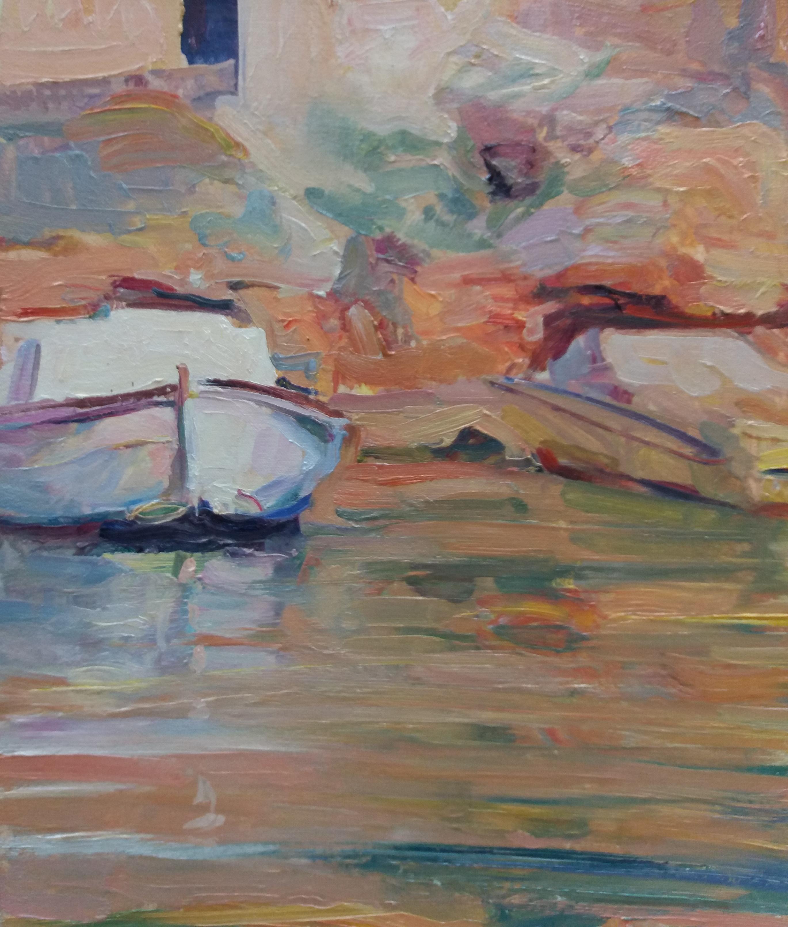 SOLA PUIG  Boats in Mallorca original impressionist acrylic painting - Impressionist Painting by Joan SOLA PUIG