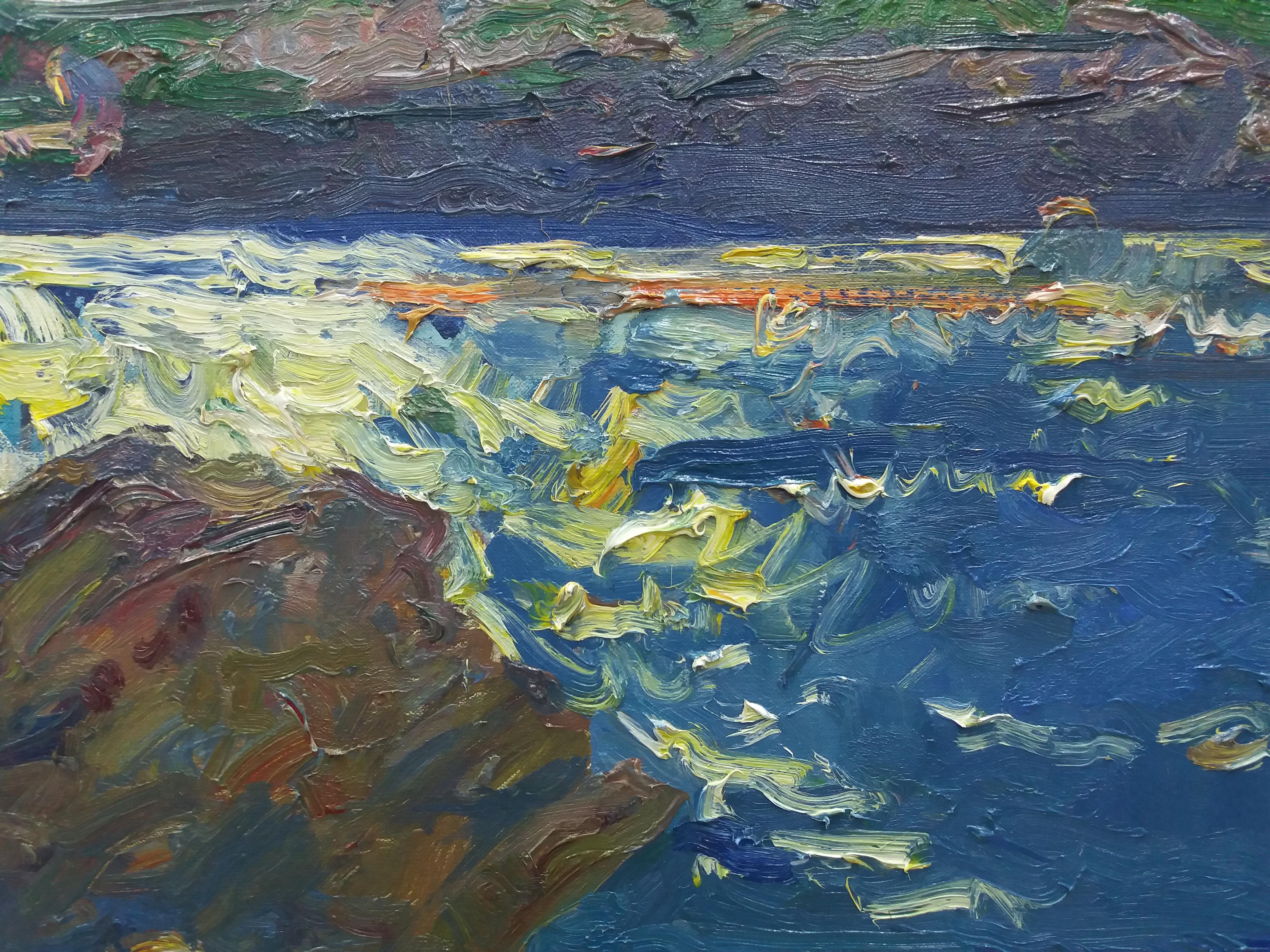 Sola Puig  Marine  Coast  Blue. original impressionist acrylic - Black Landscape Painting by Joan SOLA PUIG