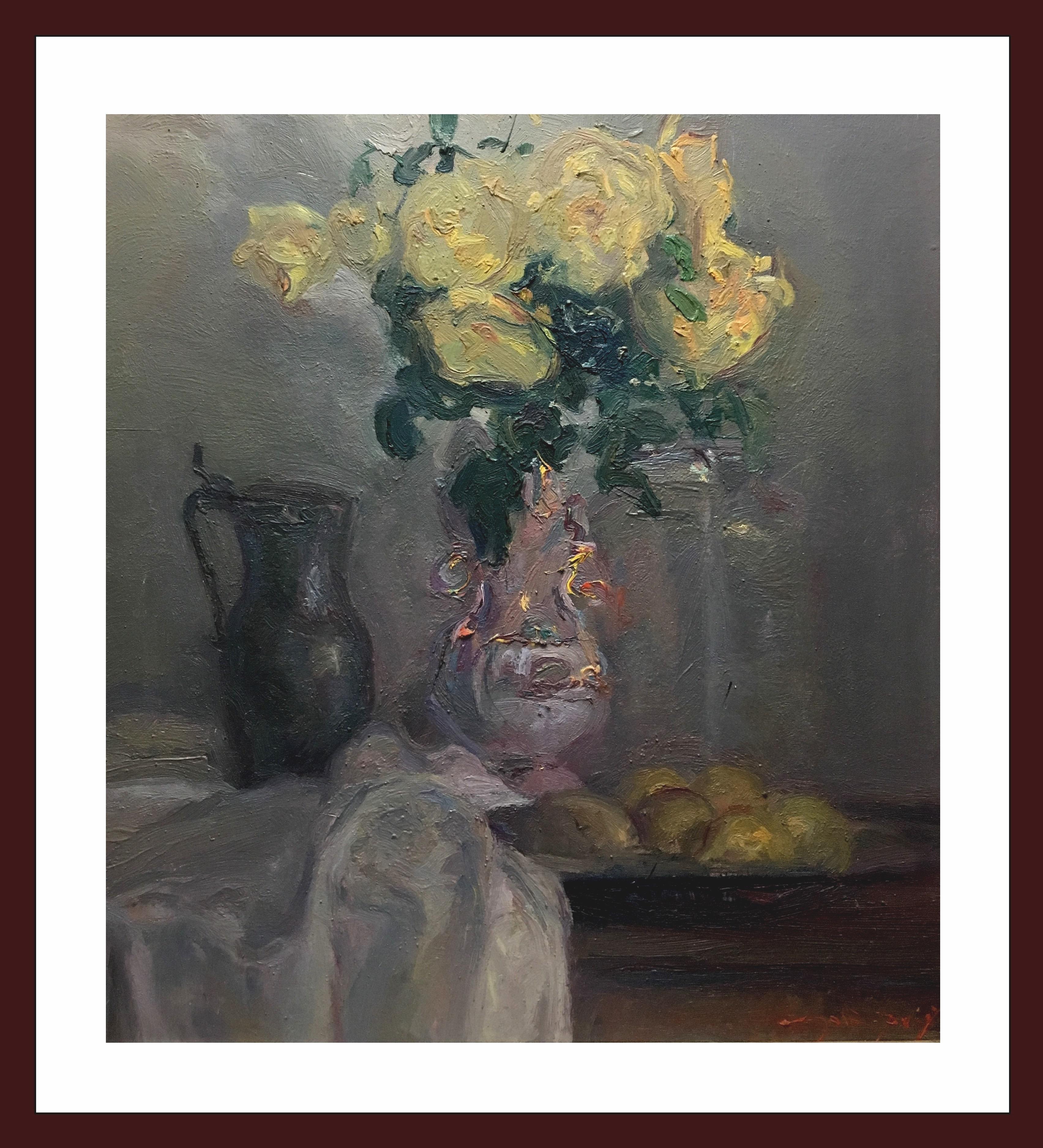Still-Life Painting Joan SOLA PUIG - Sola Puig   Nature morte à la cruche de fleurs. original impressionniste  toile Verticale