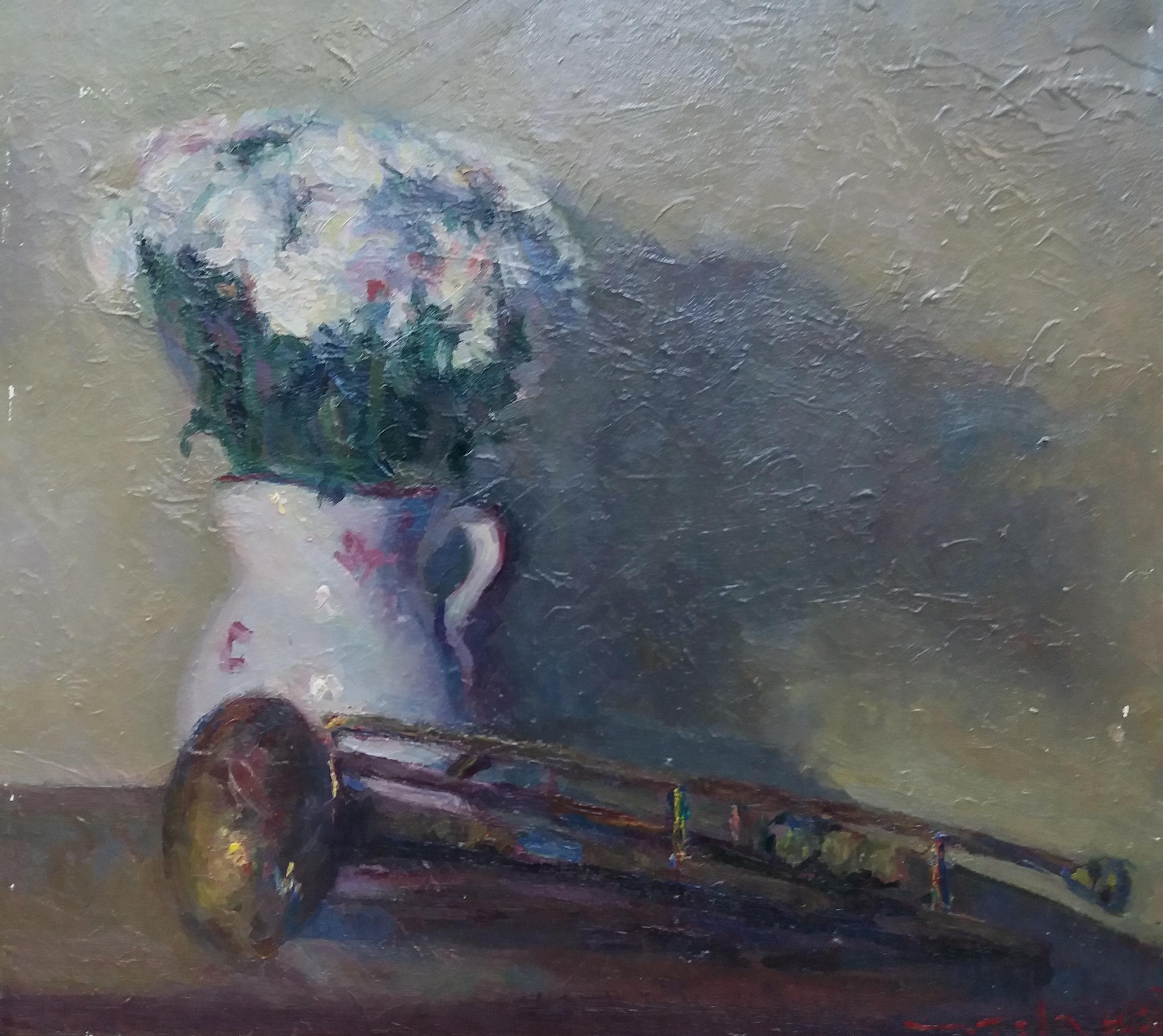  Sola Puig 11 Trumpet and Daisies original impressionist acrylic painting - Painting by Joan SOLA PUIG