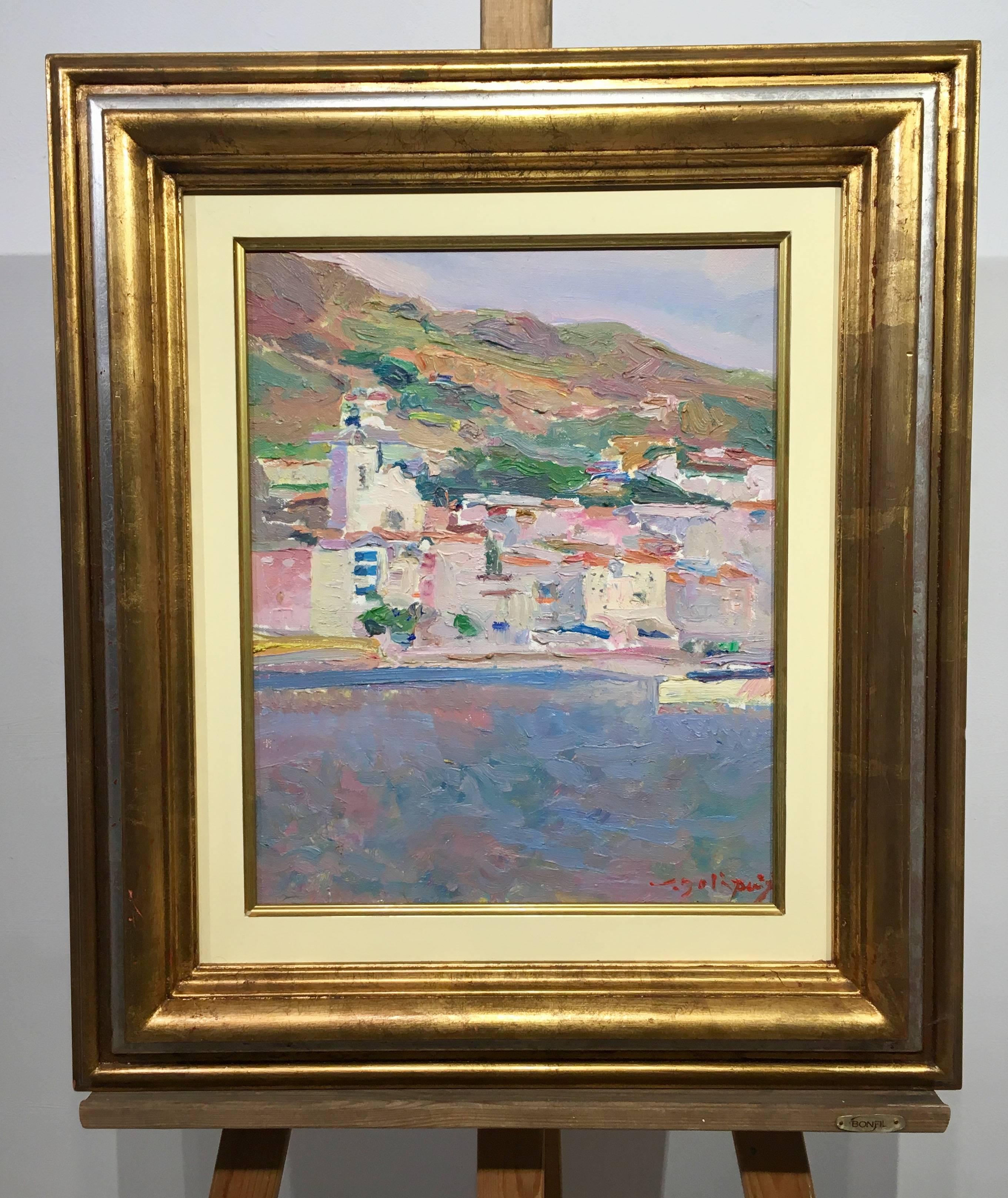 Joan SOLA PUIG Landscape Painting - Sola Puig 11.23 Coast Town Beach Vertical original impressionist acrylic