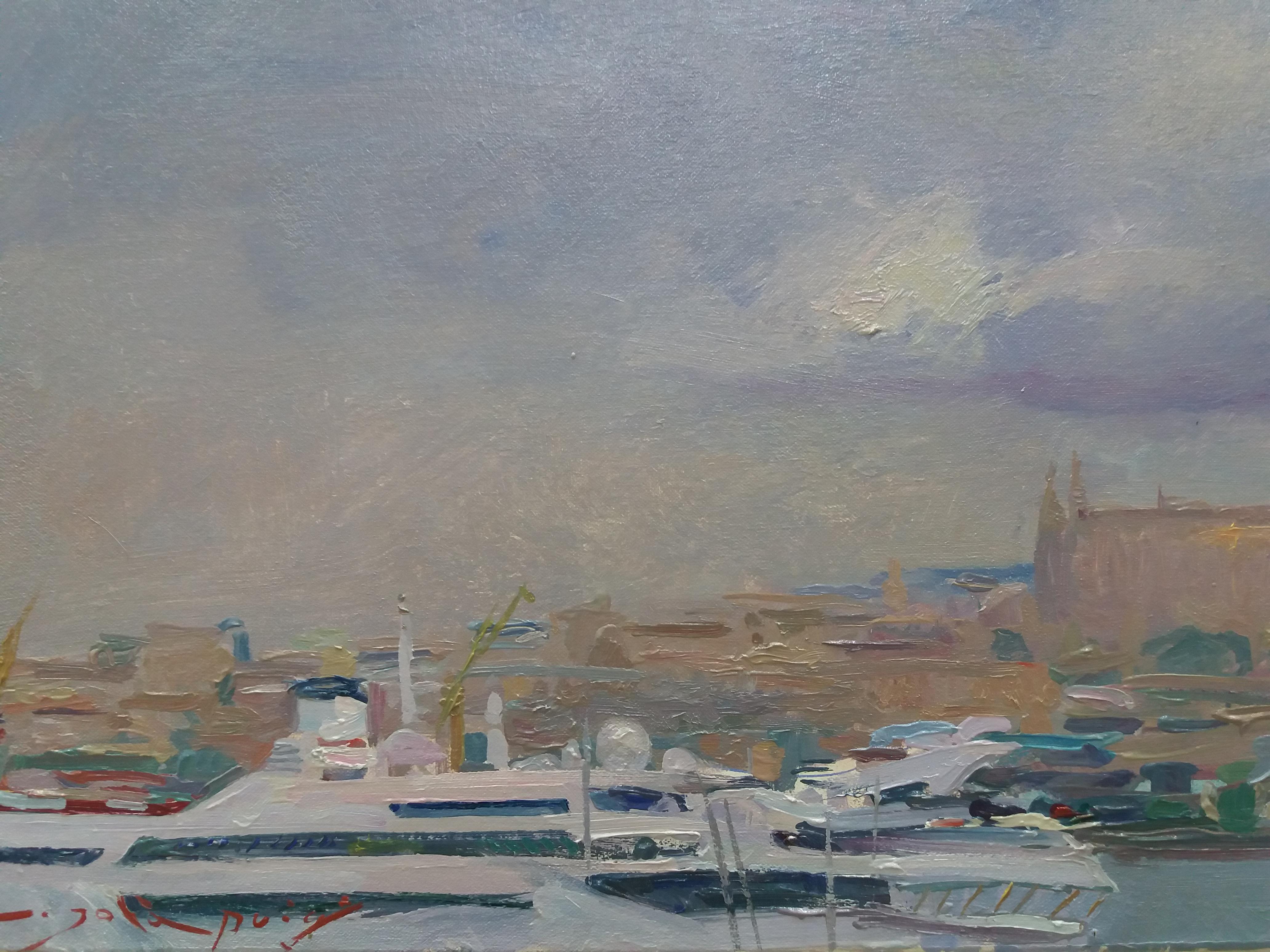 Sola Puig  Majorca Cathedral  Boat  Port of Mallorca original impressionist - Gray Landscape Painting by Joan SOLA PUIG