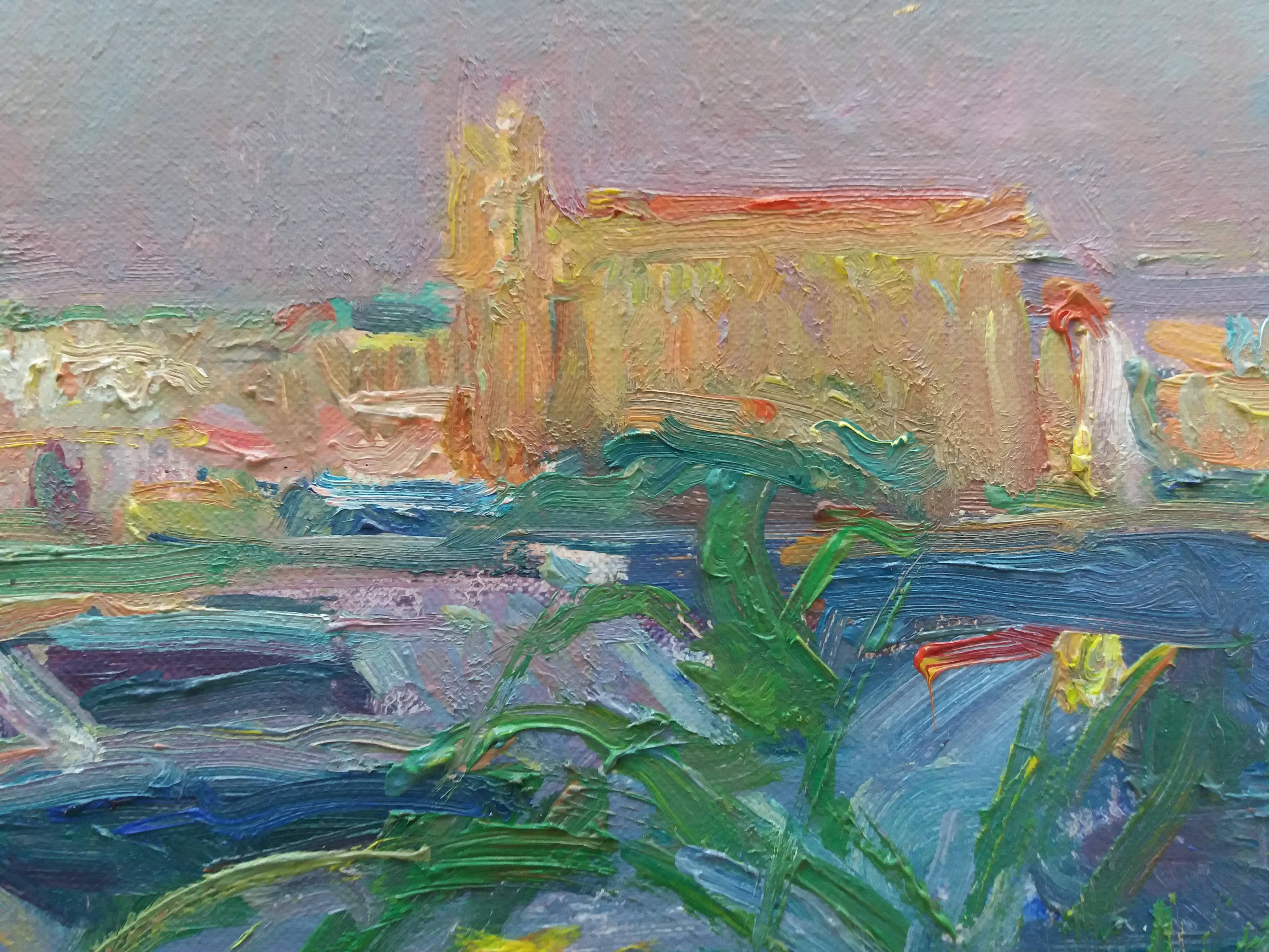 Palma Mallorca  Bay original impressionist acrylic painting.
SOLÁ PUIG paints in a natural way, which reflects the Old Masters, soaking up the colour, air, smell and the pure scent of his environment. He delivers to his canvas the strange mix of