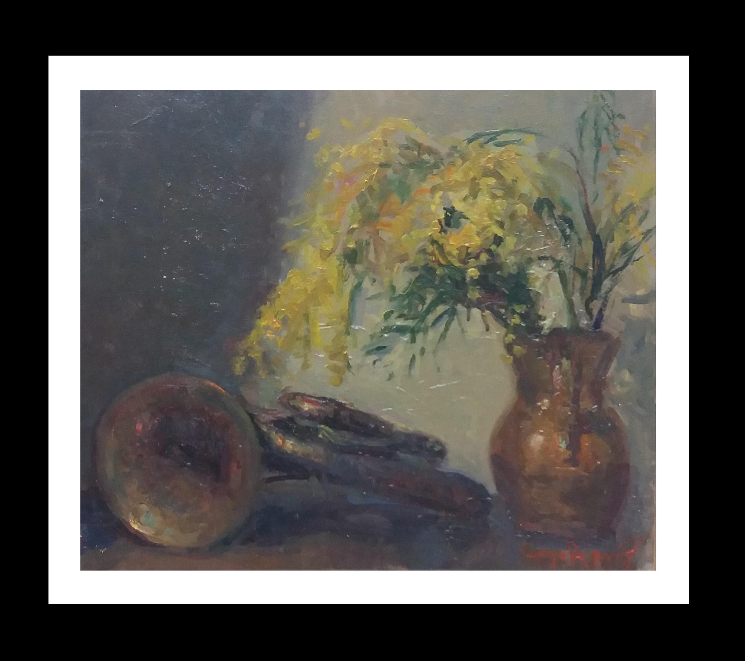 Joan SOLA PUIG Still-Life Painting –  Sola Puig  13 TRUMPET AND MIMOSA Original impressionistisches Acrylgemälde