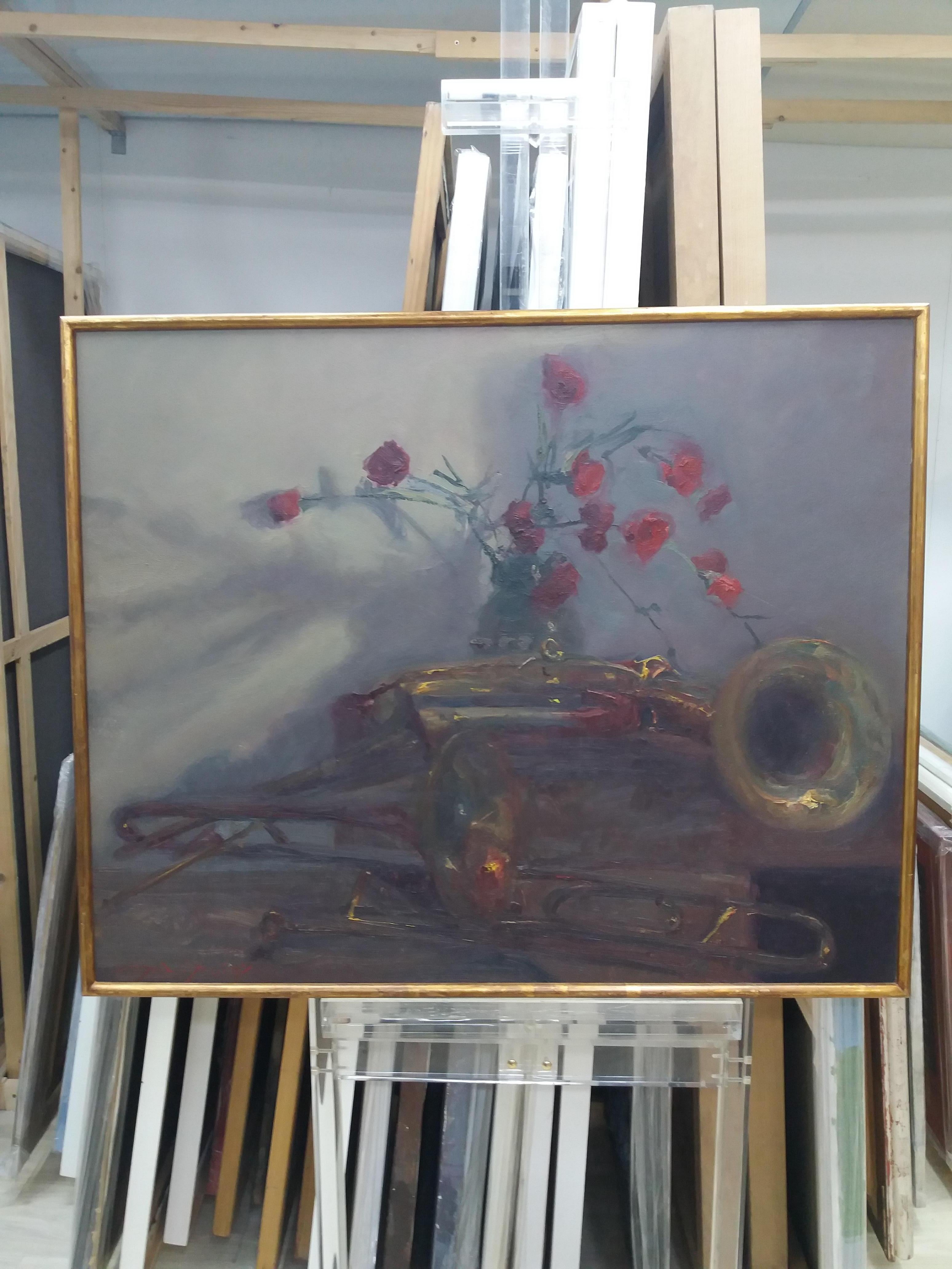 Sola Puig   Trompeten und Schnitzereien, original impressionistisches Acrylgemälde – Painting von Joan SOLA PUIG