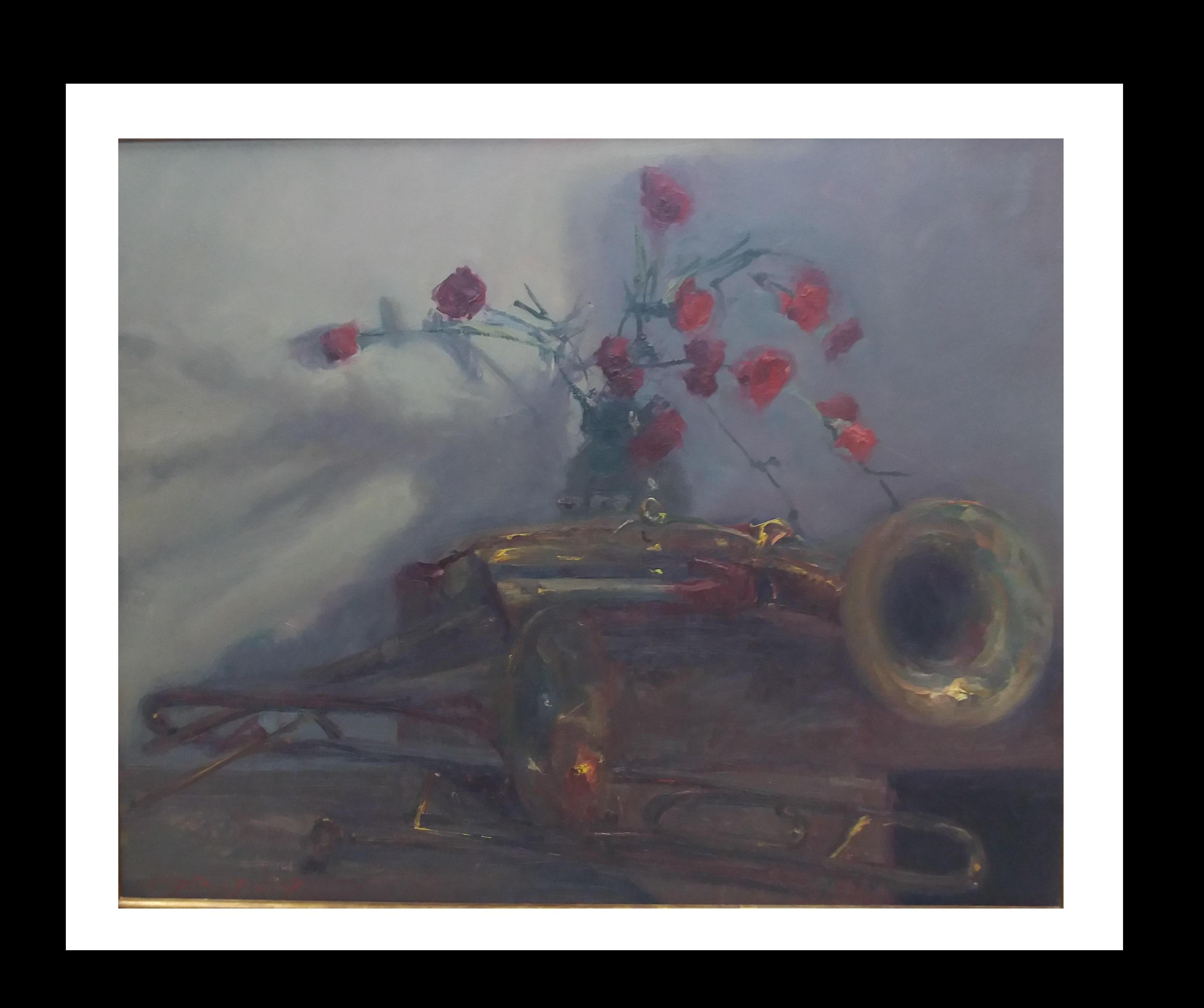 Still-Life Painting Joan SOLA PUIG - Sola Puig   Trumpets and Carnations - Peinture acrylique impressionniste originale