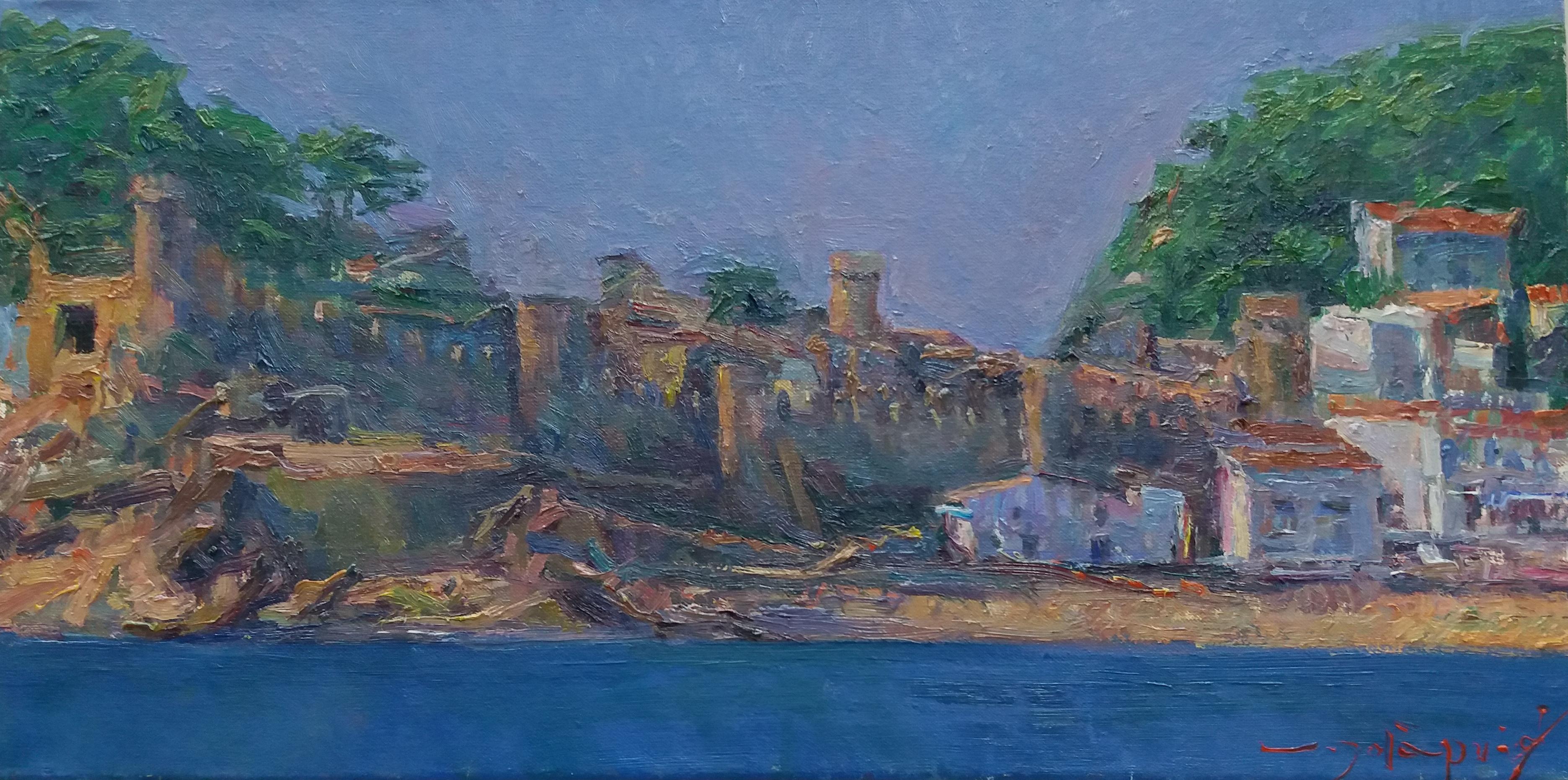 Sola Puig 16 Côte  Marine the Tower, peinture à l'acrylique impressionniste originale - Impressionnisme Painting par Joan SOLA PUIG