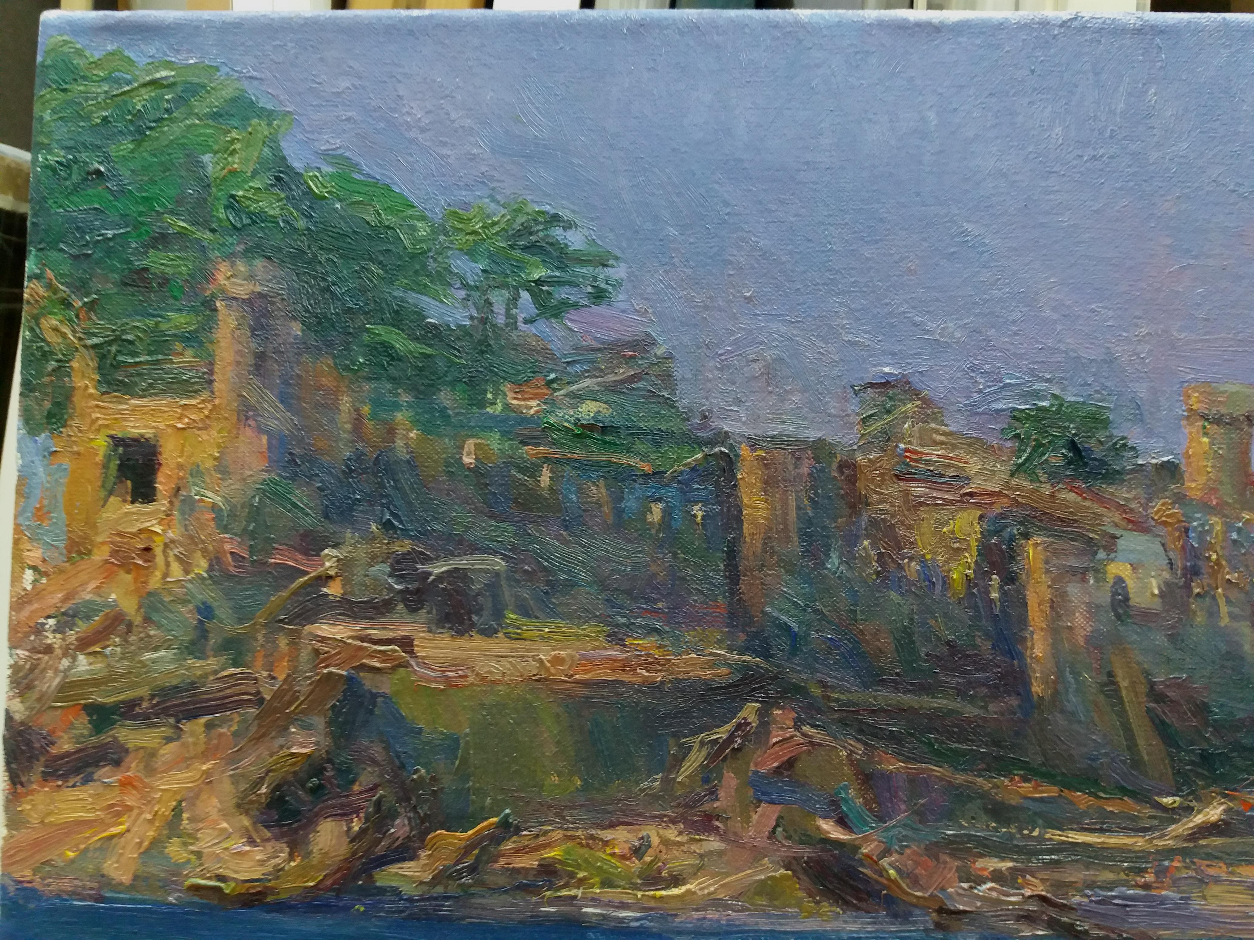 Sola Puig 16 Côte  Marine the Tower, peinture à l'acrylique impressionniste originale - Gris Landscape Painting par Joan SOLA PUIG