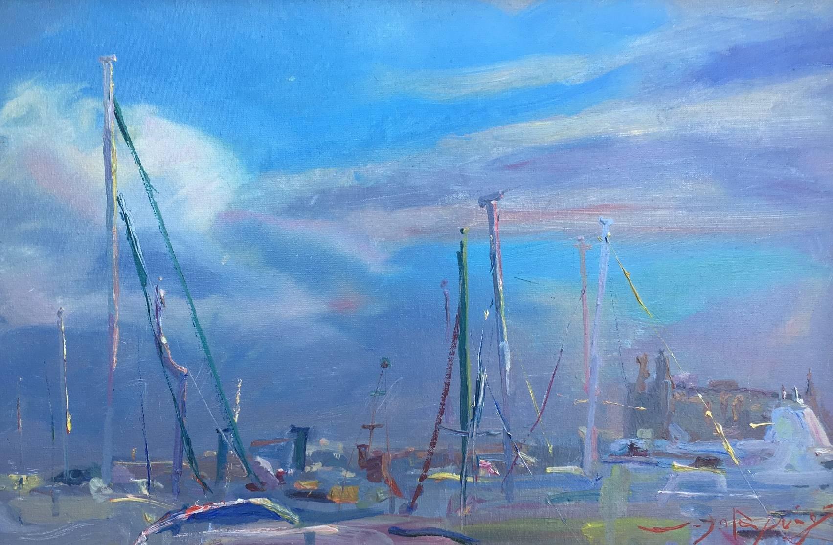 Sola Puig  Puerto Azul Marino   Mallorca lienzo al óleo impresionista original - Painting Impresionista de Joan SOLA PUIG