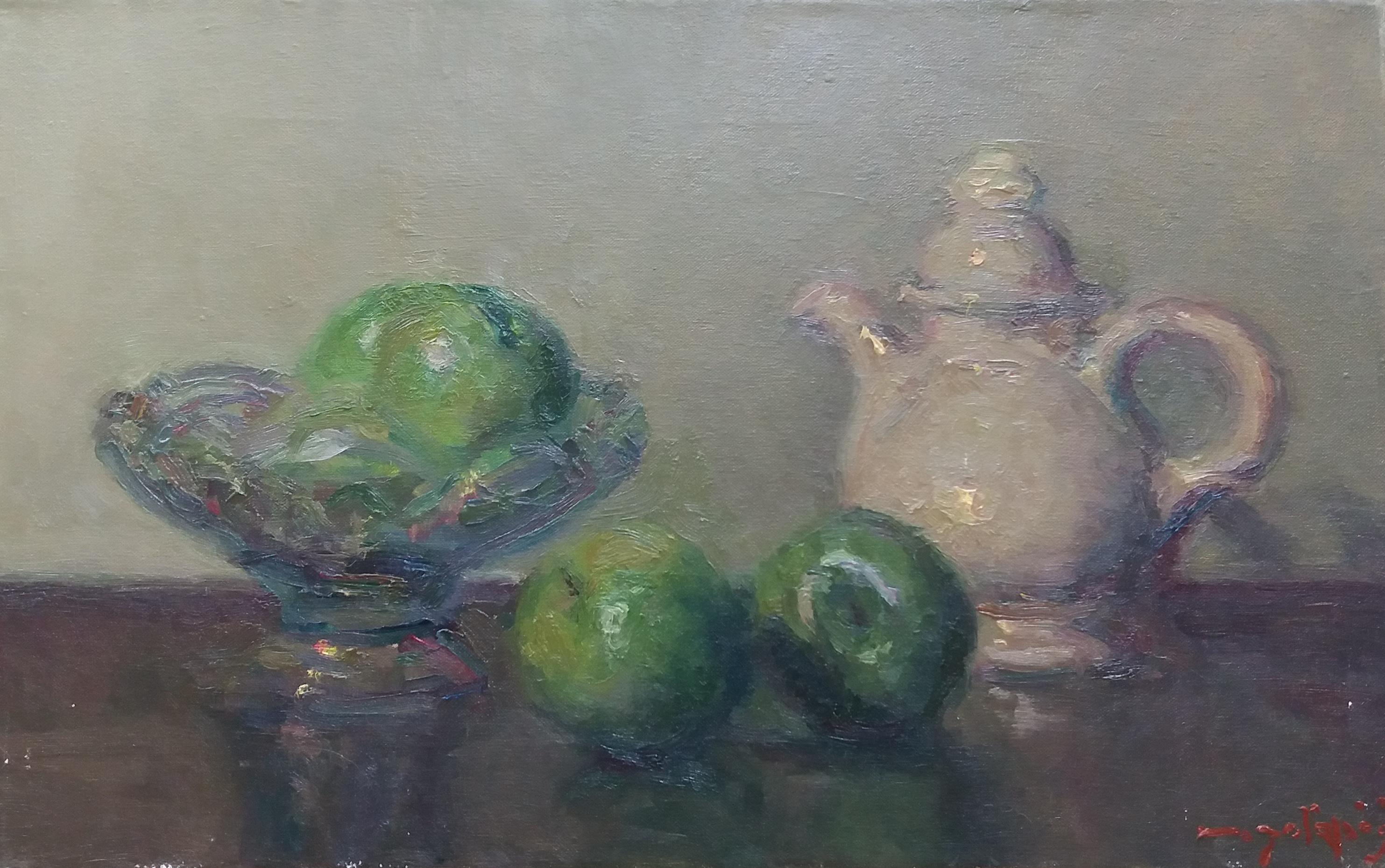  Sola Puig  GREEN APPLES original impressionist acrylic painting - Painting by Joan SOLA PUIG