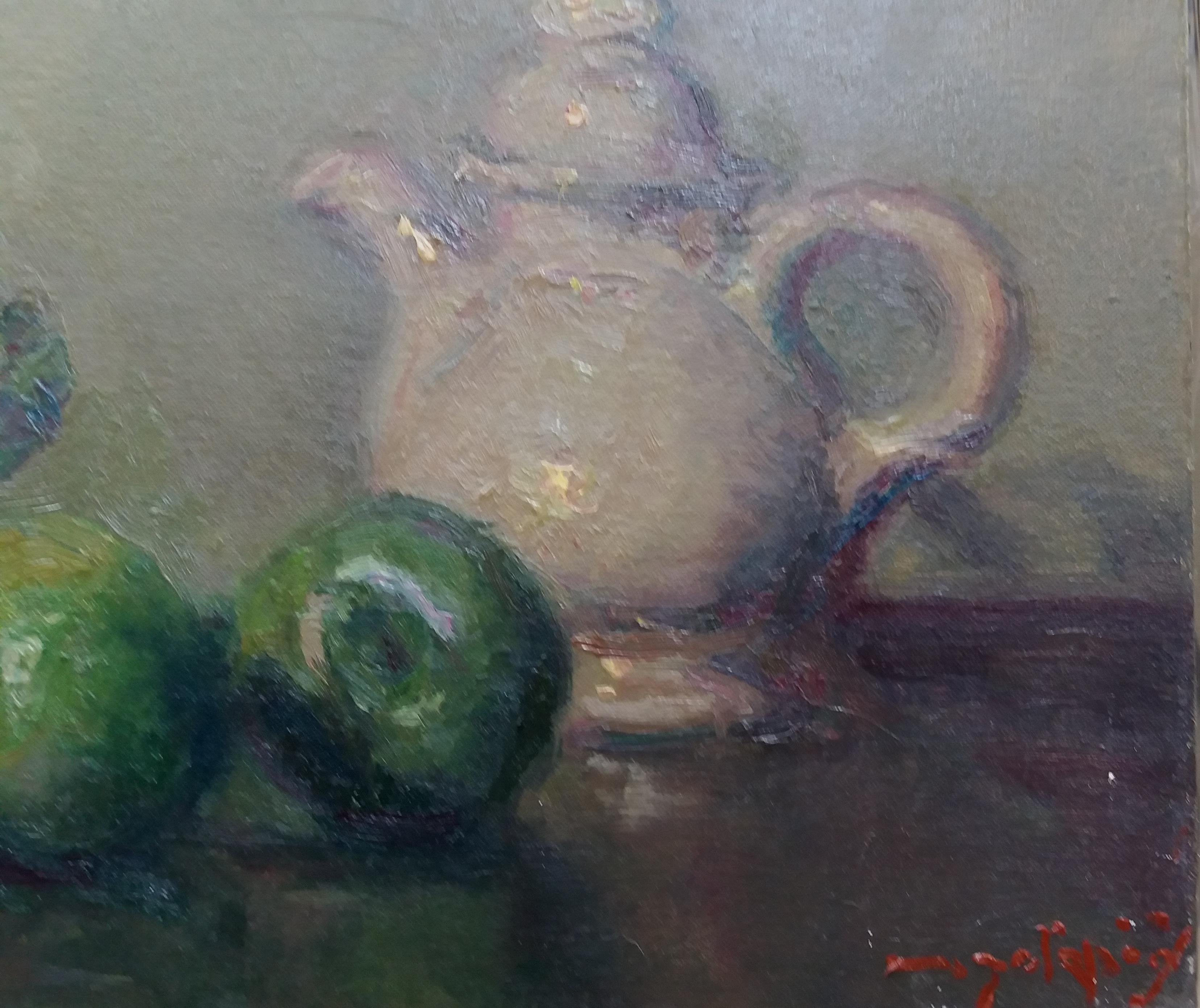  Sola Puig  GREEN APPLES original impressionist acrylic painting - Impressionist Painting by Joan SOLA PUIG