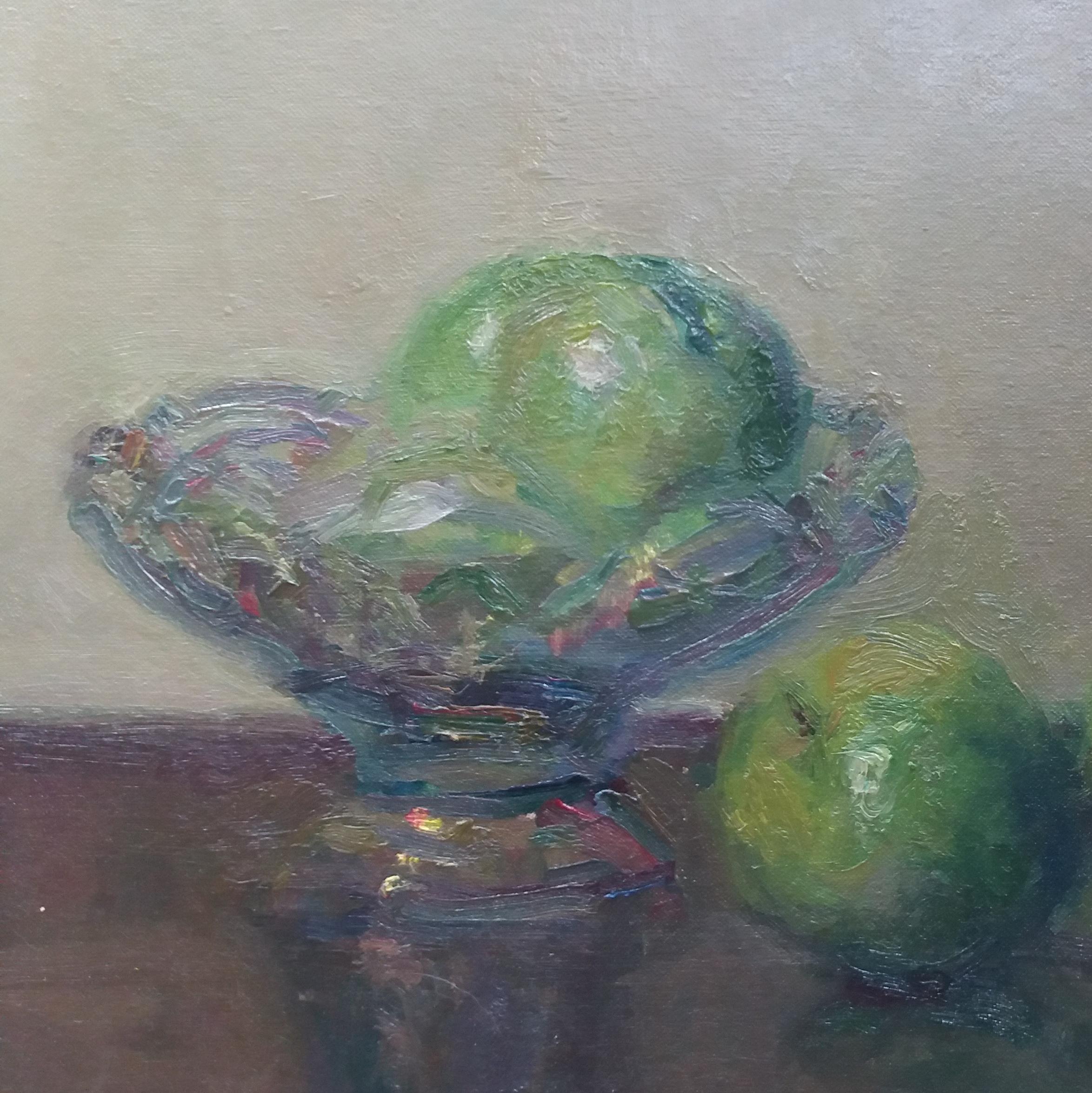  GREEN APPLES original impressionist acrylic painting. 
SOLÁ paints in a natural way, which reflects the Old Masters, soaking up the colour, air, smell and the pure scent of his environment. He delivers to his canvas the strange mix of emotion and