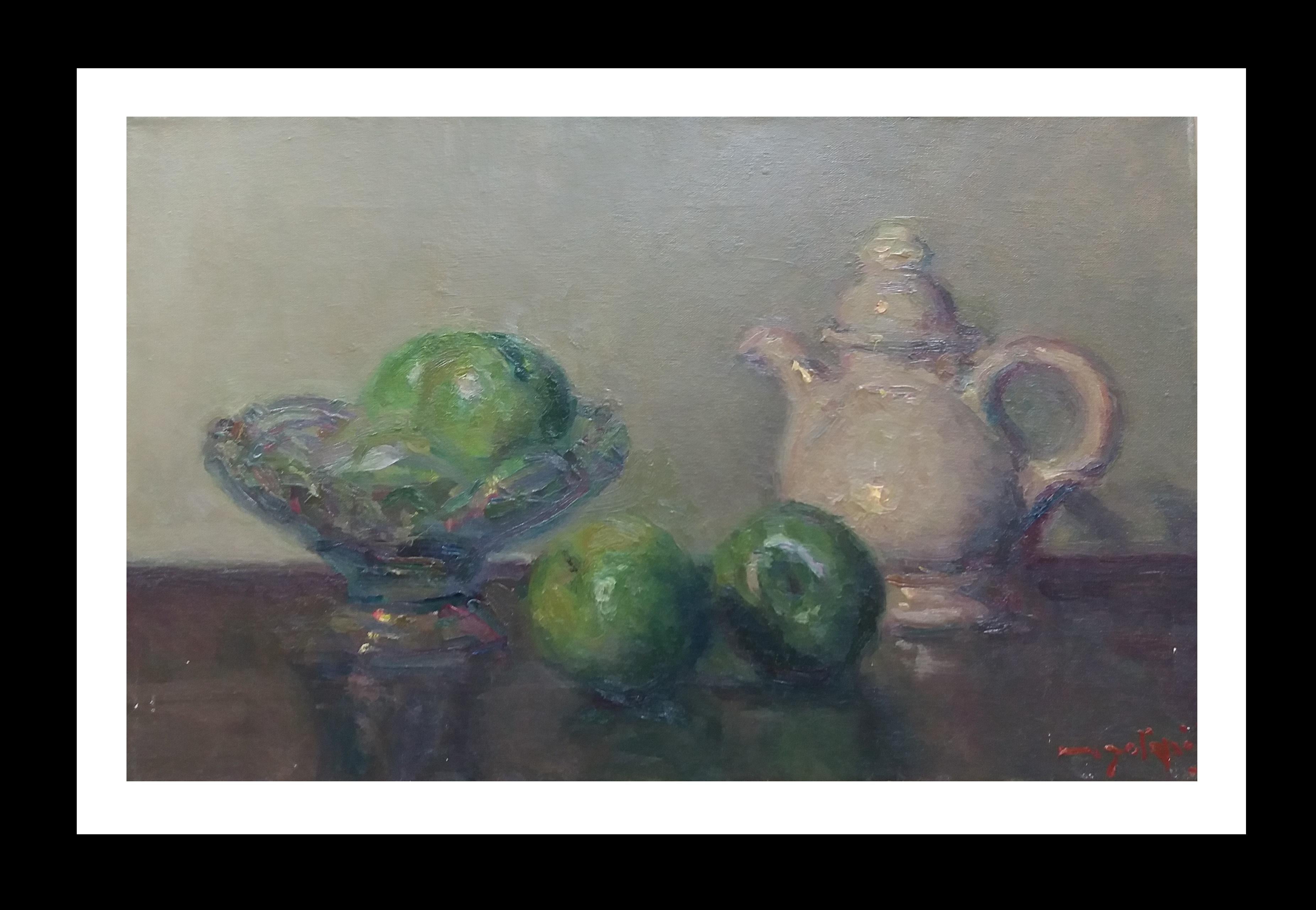 Joan SOLA PUIG Still-Life Painting –  Sola Puig  GREEN APPLES Original impressionistisches Acrylgemälde